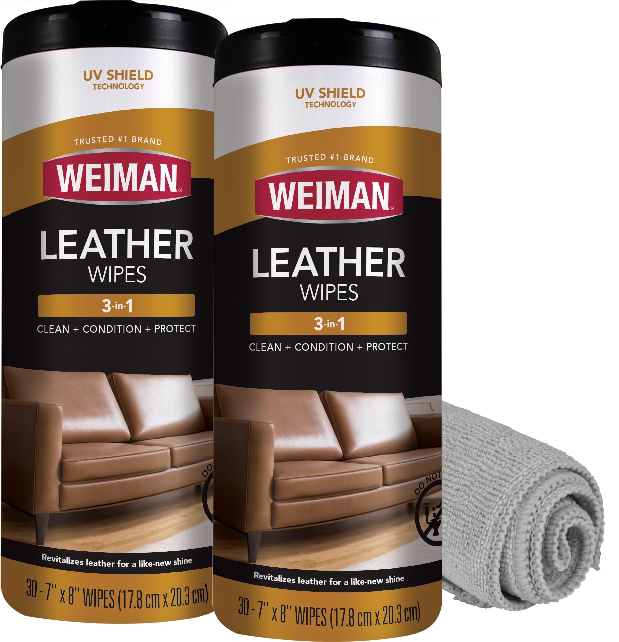 Weiman Lederreinigungstücher – Reinigen, pflegen, UV-Schutz, beugen Rissen und Ausbleichen von Möbeln, Autoinnenräumen, Sofas und Schuhen vor, 2er-Pack mit Mikrofasertuch