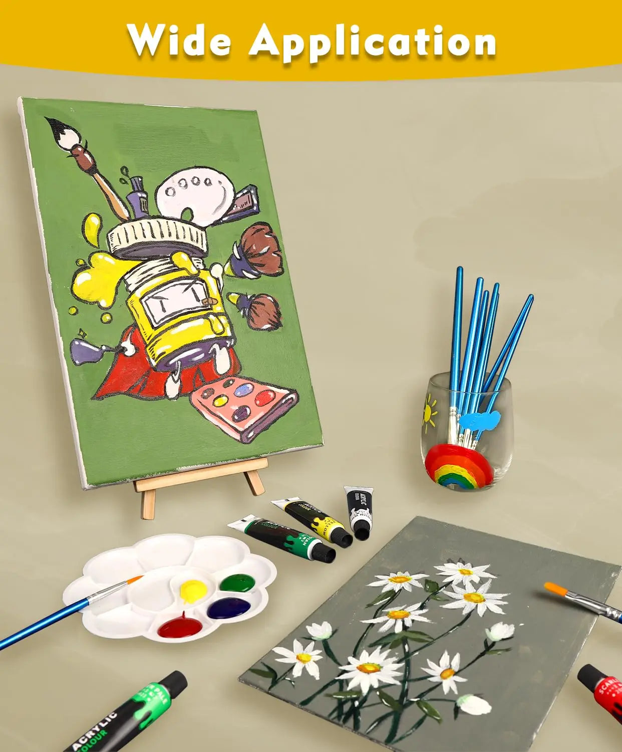 Colorful Acrylic Painting Kit - Paint Supplies Set with 24 Colors, 30 Brushes, 5 Canvases, 1 Pad, 2 Palette, 2 Sponge & 1 Wood Easel - Art Acrylic Paint Set for Beginners, Kids, Adults