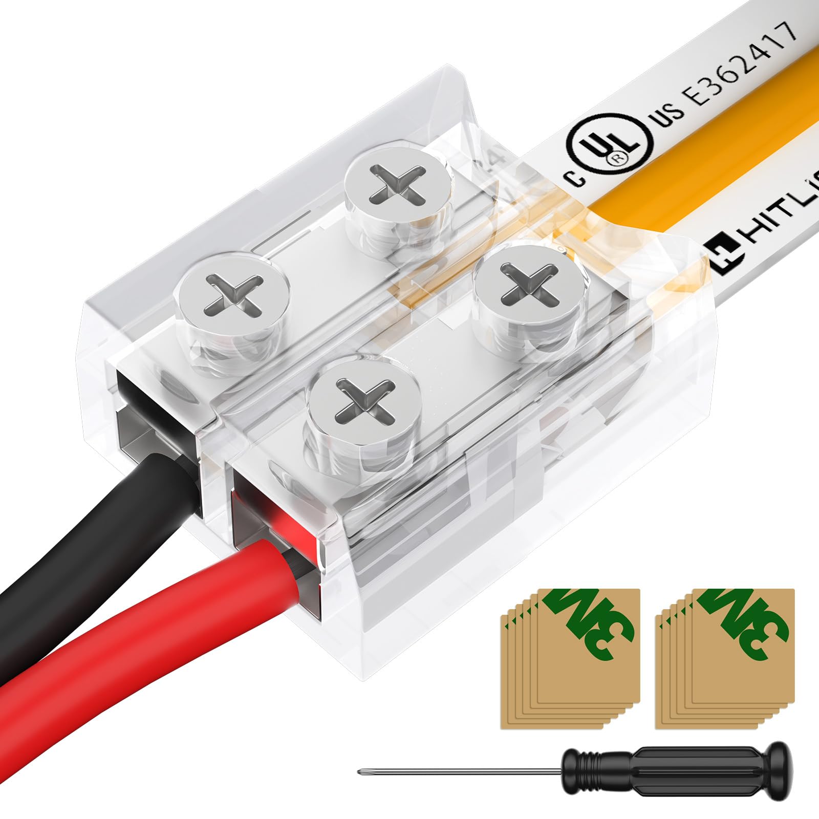 HitLights 12er-Pack LED-Verbinder, 2-polig, 8 mm, lötfreier LED-Bandverbinder, transparente LED-Streifenverbinder mit Schraubendreher, Streifen zu Kabel für 12V 24V einfarbige LED-Lichtstreifen