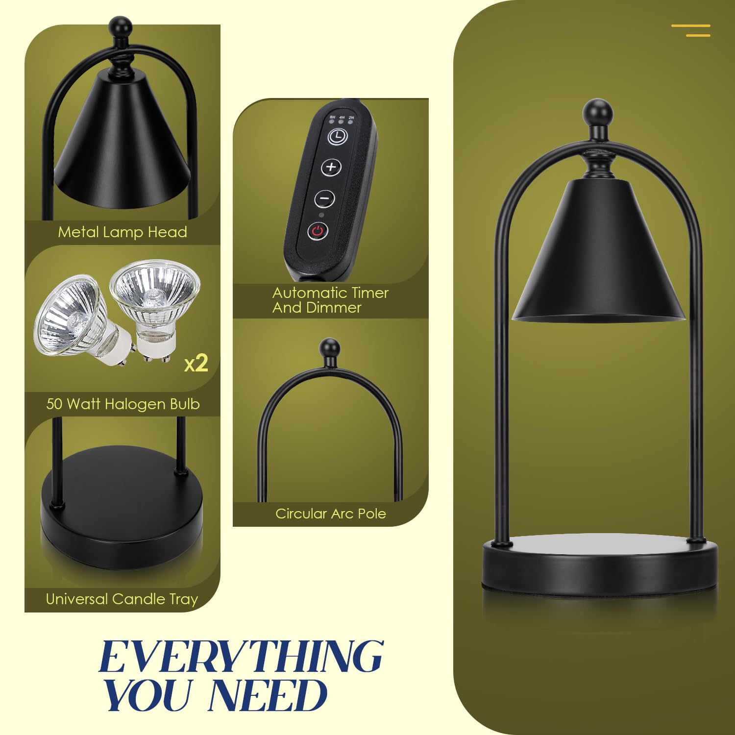 Soilsiu Candle Warmer Lamp with Timer, Electric Black Candle Warming Light for Bedroom, Dimmable Wax Melts Warmer for Home Decor Beside Lamp Gifts for Women (2 Bulbs Included)