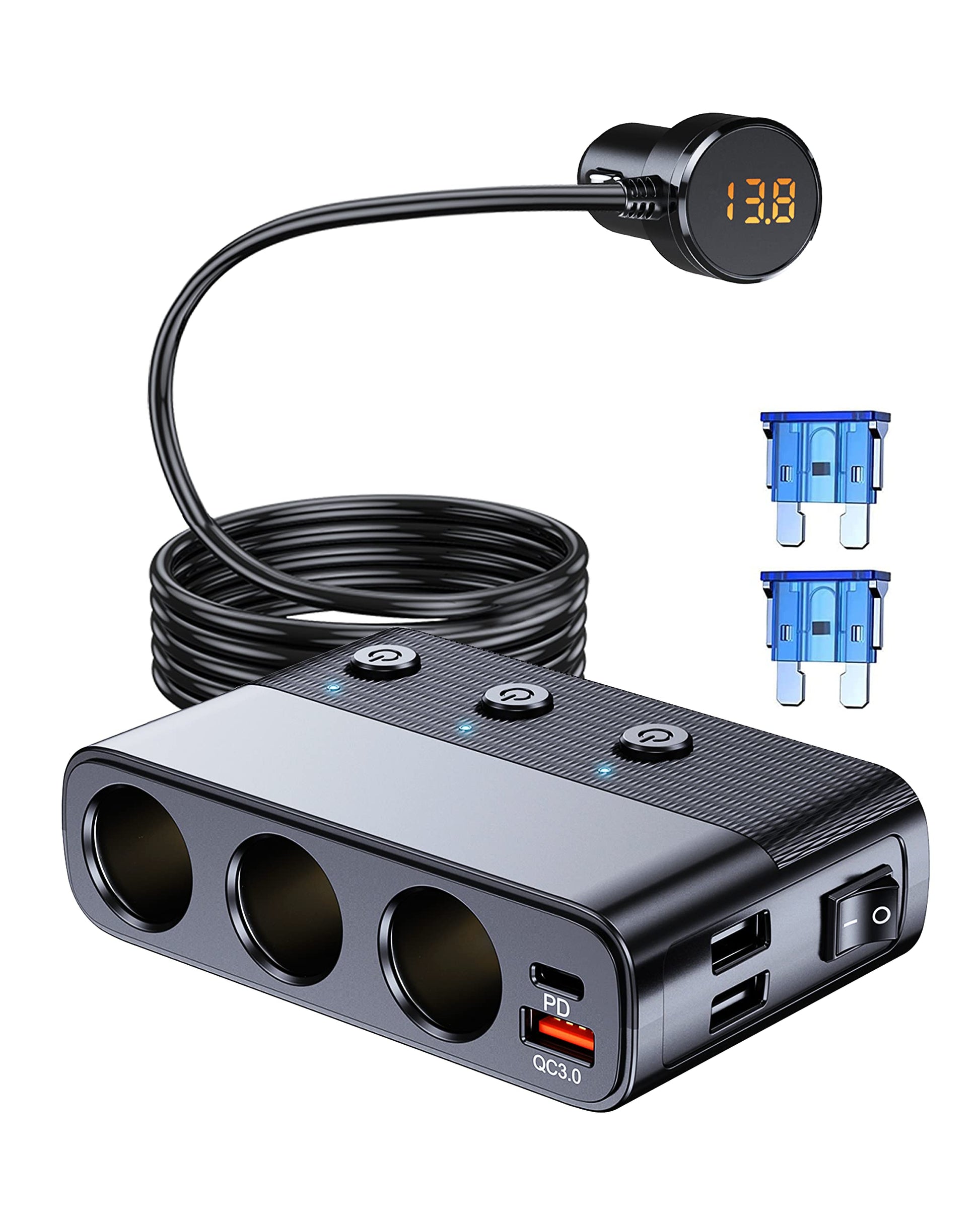 7 in 1 Cigarette Lighter Splitter, LIHAN 3 Socket Car Charger Adapter, Type-C QC3.0 PD 30W Charging, Dual USB Charging Ports, Independent Switches, LED Voltmeter, Plug Outlet 12V/24V(3.3ft Cable)
