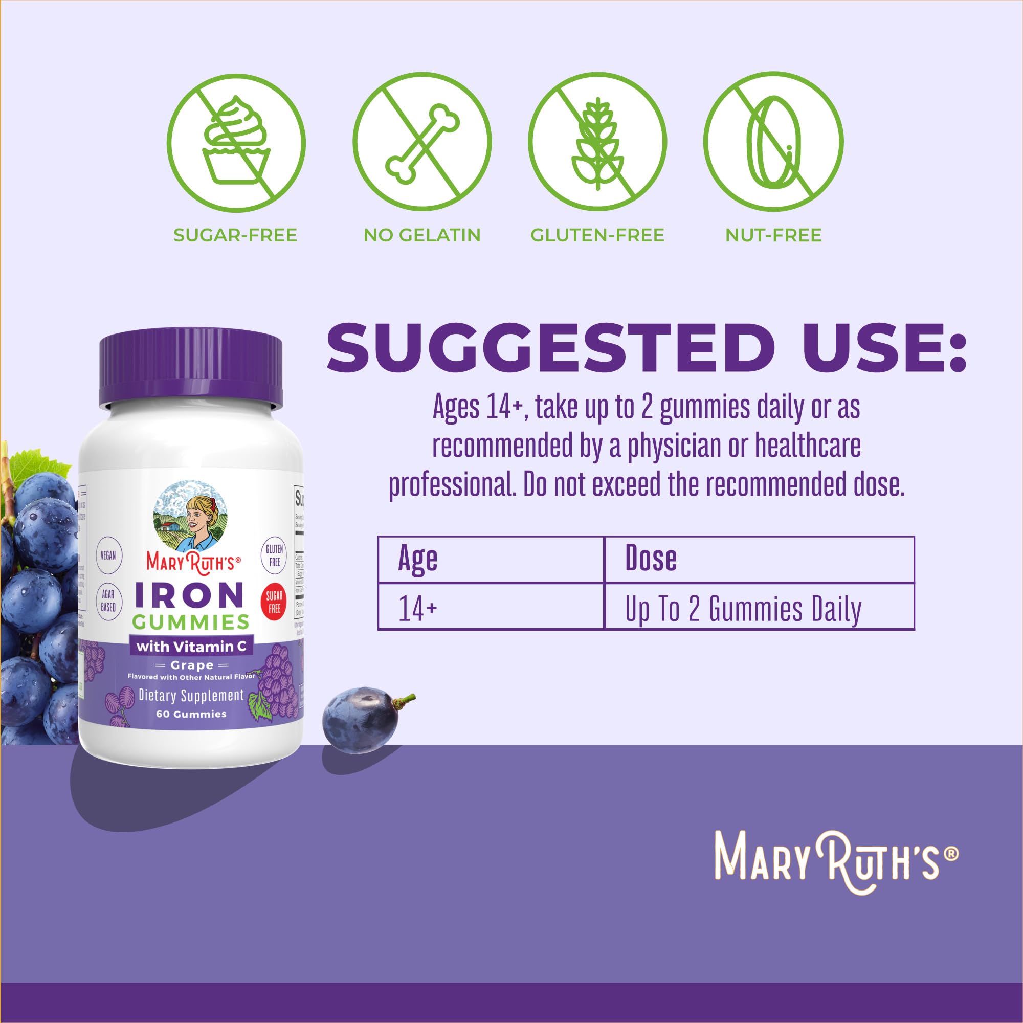 MaryRuth Organics Iron Gummies for 14+ with Vitamin C for Absorption | Sugar Free | Gummy Iron Supplement + VIT C | Energy Metabolism | Cellular Health | Immune Support | Vegan | Non-GMO | 60 Count