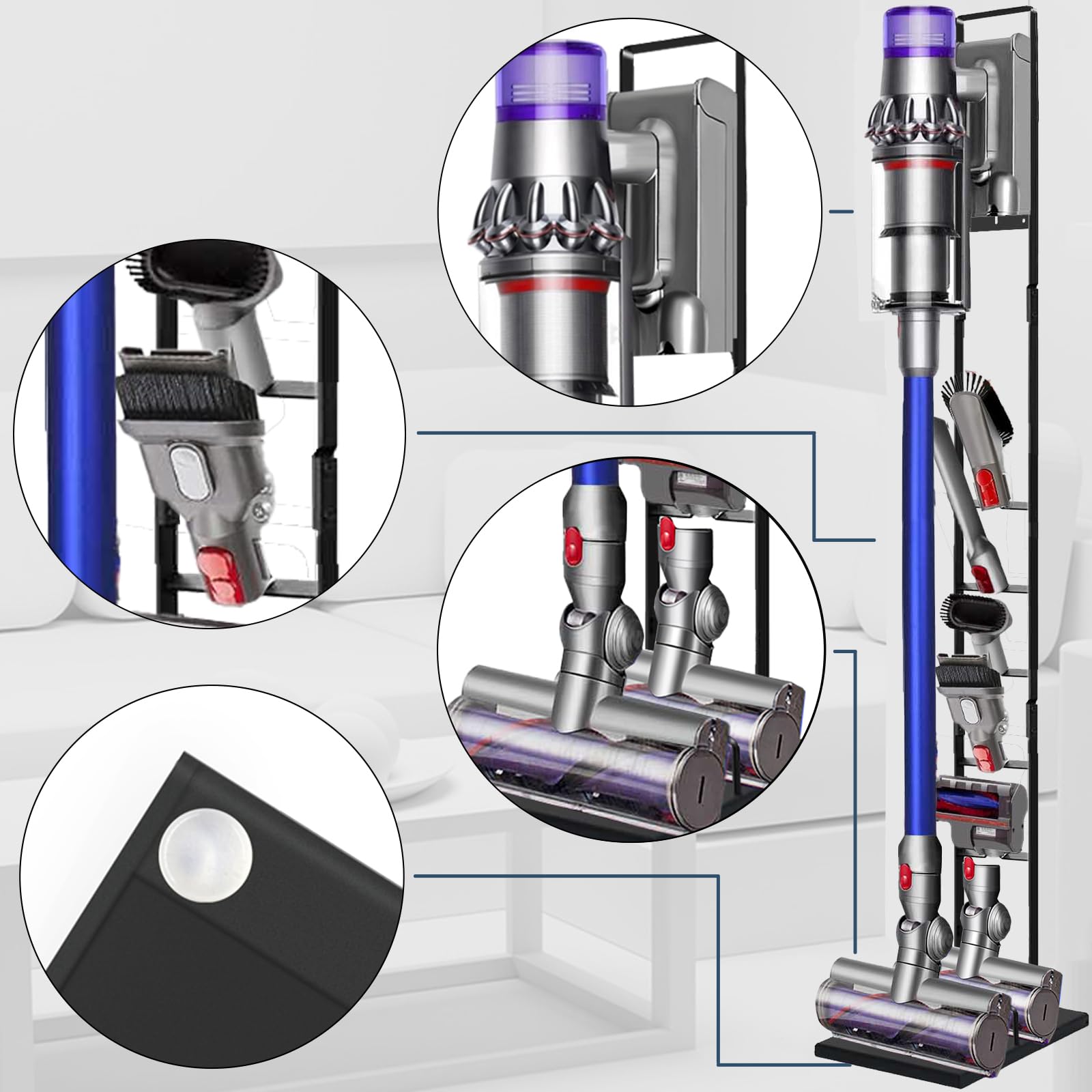 Lasvea Vacuum Stand for Dyson V6, V7, V8, V10, V11, V12, V15 Cordless Cleaners - Heavy Base Metal Bracket Holder with Trigger Lock, On/Off Control Clamp, Accessory & Attachment Storage