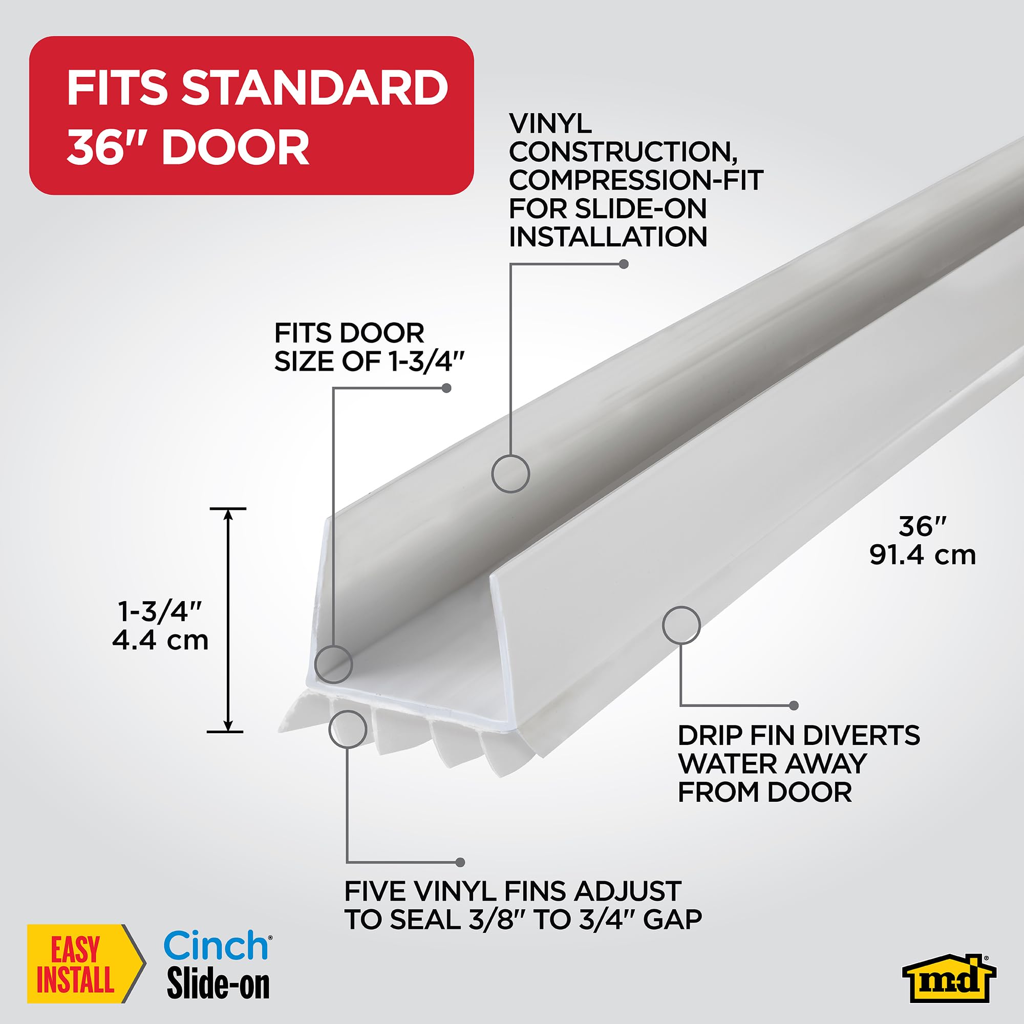 M-D Building Products 43336 Vinyl Cinch® U-Shape Slide-On Under Door Seal, Easy-to-Install, Energy-Saving, Weatherproof Seal for Doors, Effective Draft Blocker, Ideal for Home (36 Inch, White)