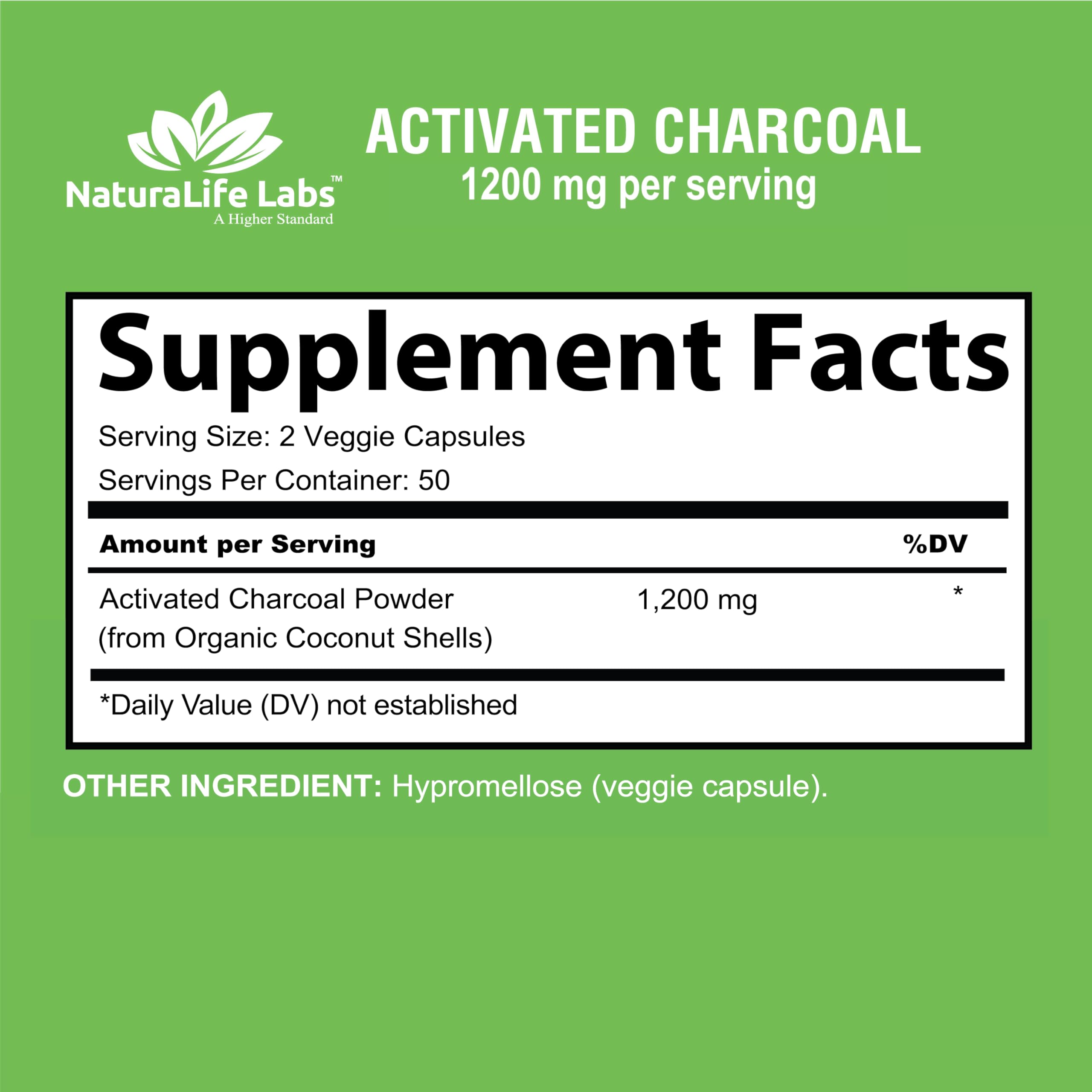 NaturaLife Labs Activated Charcoal 1,200 mg – Highly Absorbent – Supports Relief of Occasional Gas & Bloating – from Coconut Shells – 100 Veg Capsules
