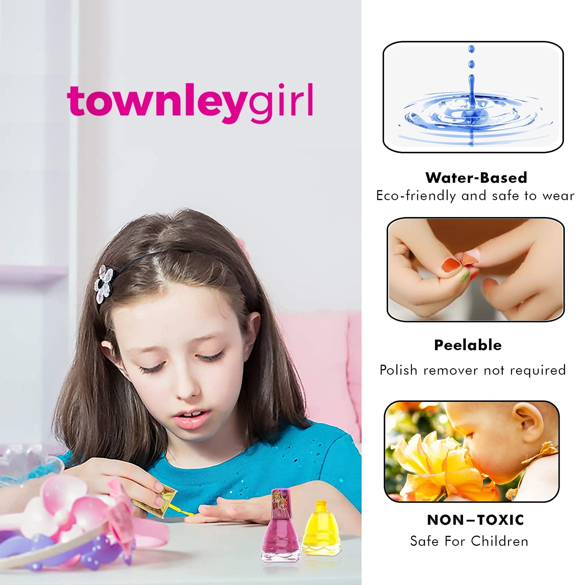 Townley Girl Disney Princess Non-Toxic Water-Based Peel-Off Quick Dry Nail Polish with Nail Separators|Gift Kit Set for Kids Girls|14 Pc Set - Perfect for Parties, Sleepovers and Makeovers