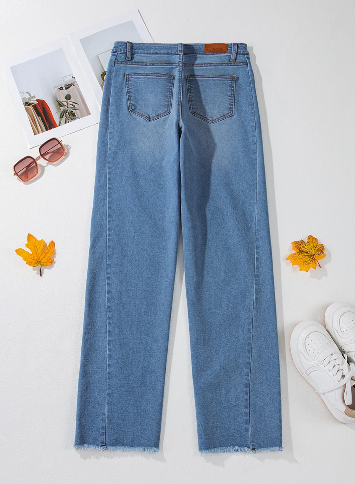 Sidefeel Women's Wide Leg Jeans High Waisted Stretchy Raw Hem Denim Pants Size 10 Blue