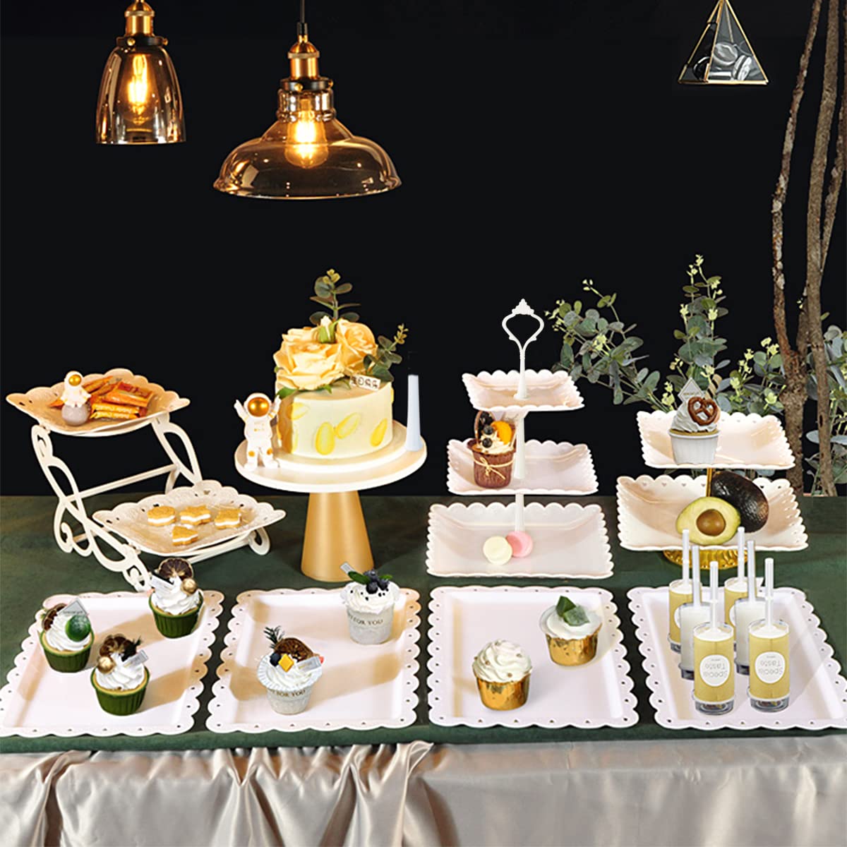 10 Pcs Cake Stand White Plastic Dessert Table Display Set 4 Pcs 3 Tired Cupcake Stand Cookie Tray Rack Serving Tray Cake Display Tower and 6 Pcs Dessert Trays for Wedding Baby Shower Tea Party