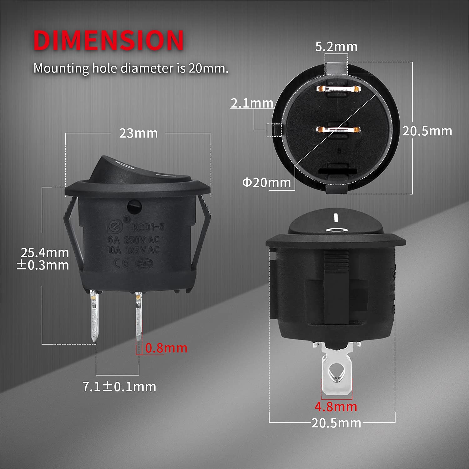 DaierTek ON Off Round Rocker Switches SPST 20mm Mini 12 Volt DC Mini Circle Toggle Switch 12V for Car Automotive RV 2 Pin Switch 120V Wired KCD1-5Pack