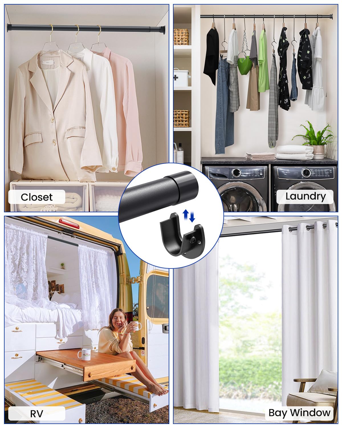 Supforce Closet Rods for Hanging Clothes, 17 to 84 Inches Stepless Adjustable Metal Closet Rod, 1.3 Inches Heavy Duty Clothes Hanging Rod for Closet Wardrobes Laundry RV
