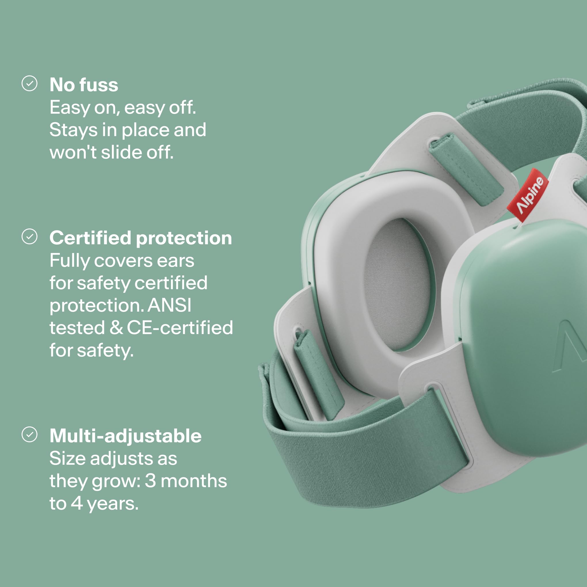 Alpine Muffy Baby Comfort - Protects Hearing for Babies and Toddlers - CE & ANSI Certified - Unique Headband for Safe fit & Comfort - Multi-adjustable for Ages 3-48 Months, 24dB Sound Reduction, Green