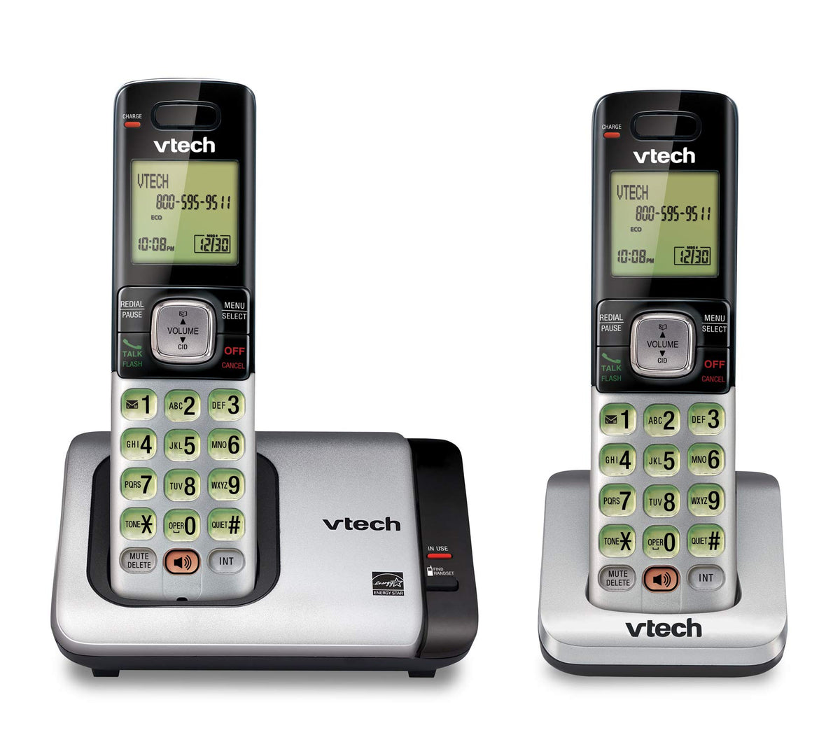 هاتف لاسلكي VTech CS6719-2 بوحدتي إمساك مع خاصية التعرف على هوية المتصل/انتظار المكالمات، الاتصال الداخلي بين الوحدات وشاشة/لوحة مفاتيح بإضاءة خلفية، فضي