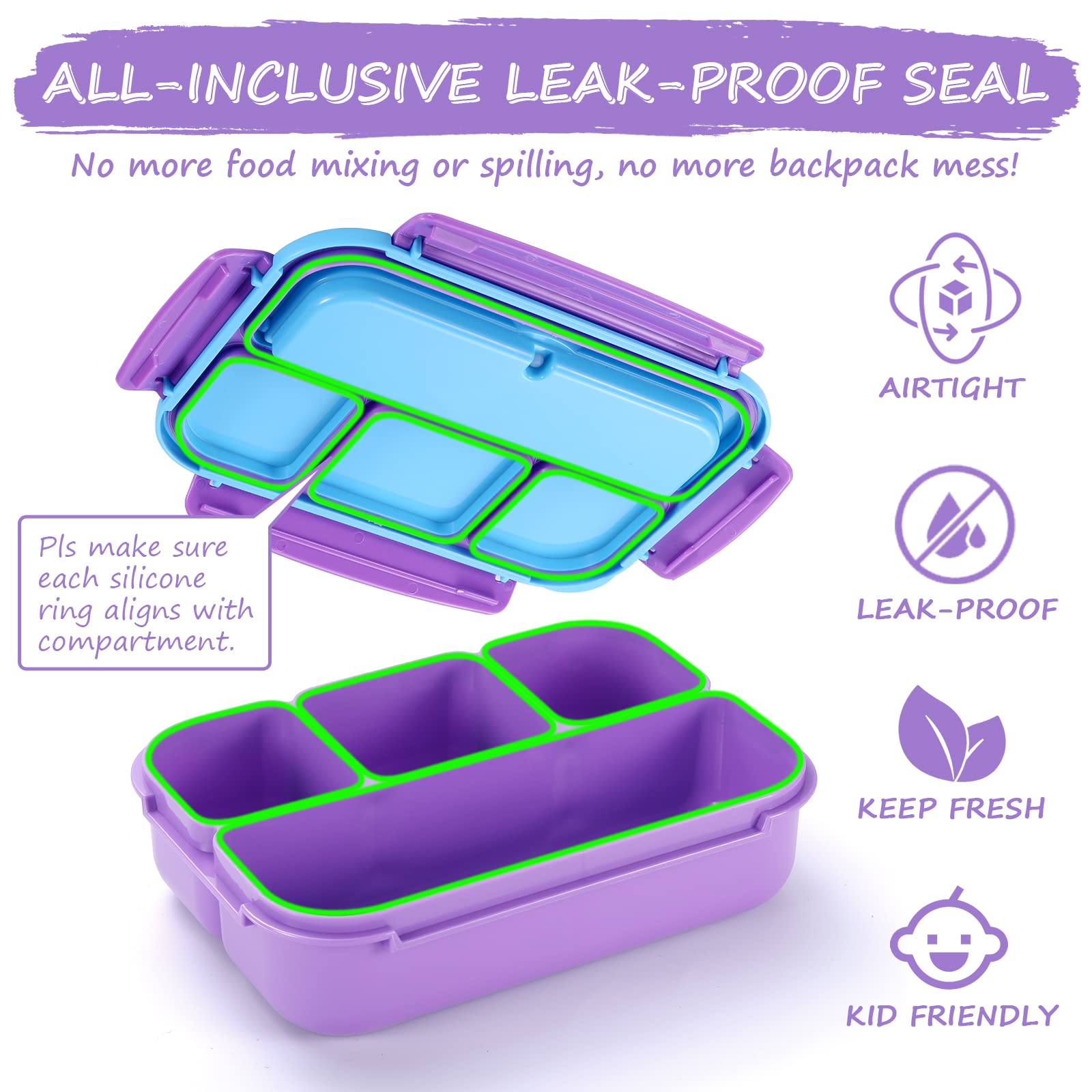 QQKO Bento Lunch Box for Kids Girls Boys, Toddler Kids Lunch Boxes for School, Lunch Containers for Adults with 4 Compartments, Sauce Container, Utensils, Food Picks and Muffin Cups, Purple
