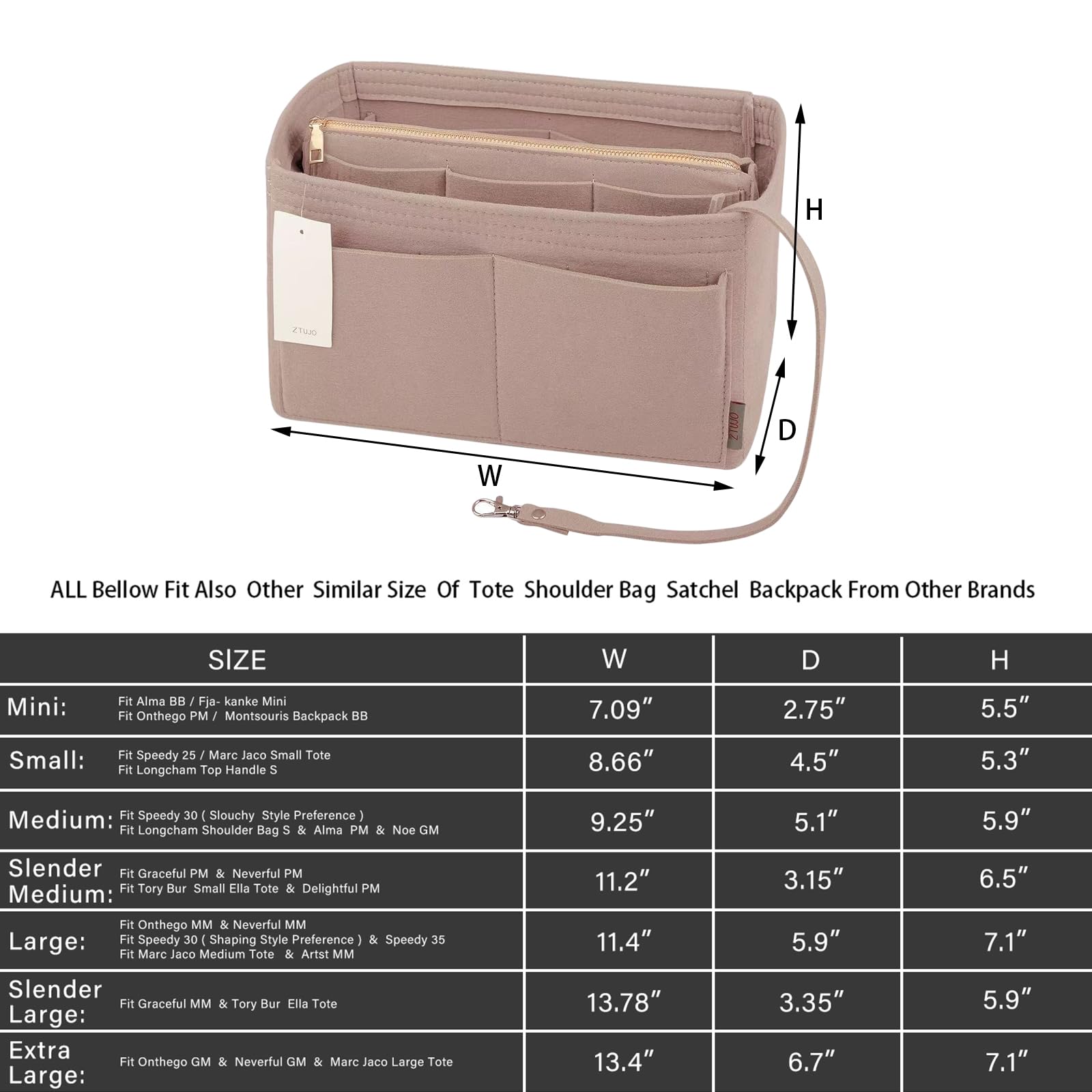 ZTUJO Purse Organizer Insert, Felt Bag Organizer with Metal Zipper, Handbag & Tote Shaper, For Speedy Neverfull Tote, 7 Sizes(Medium, Beige)