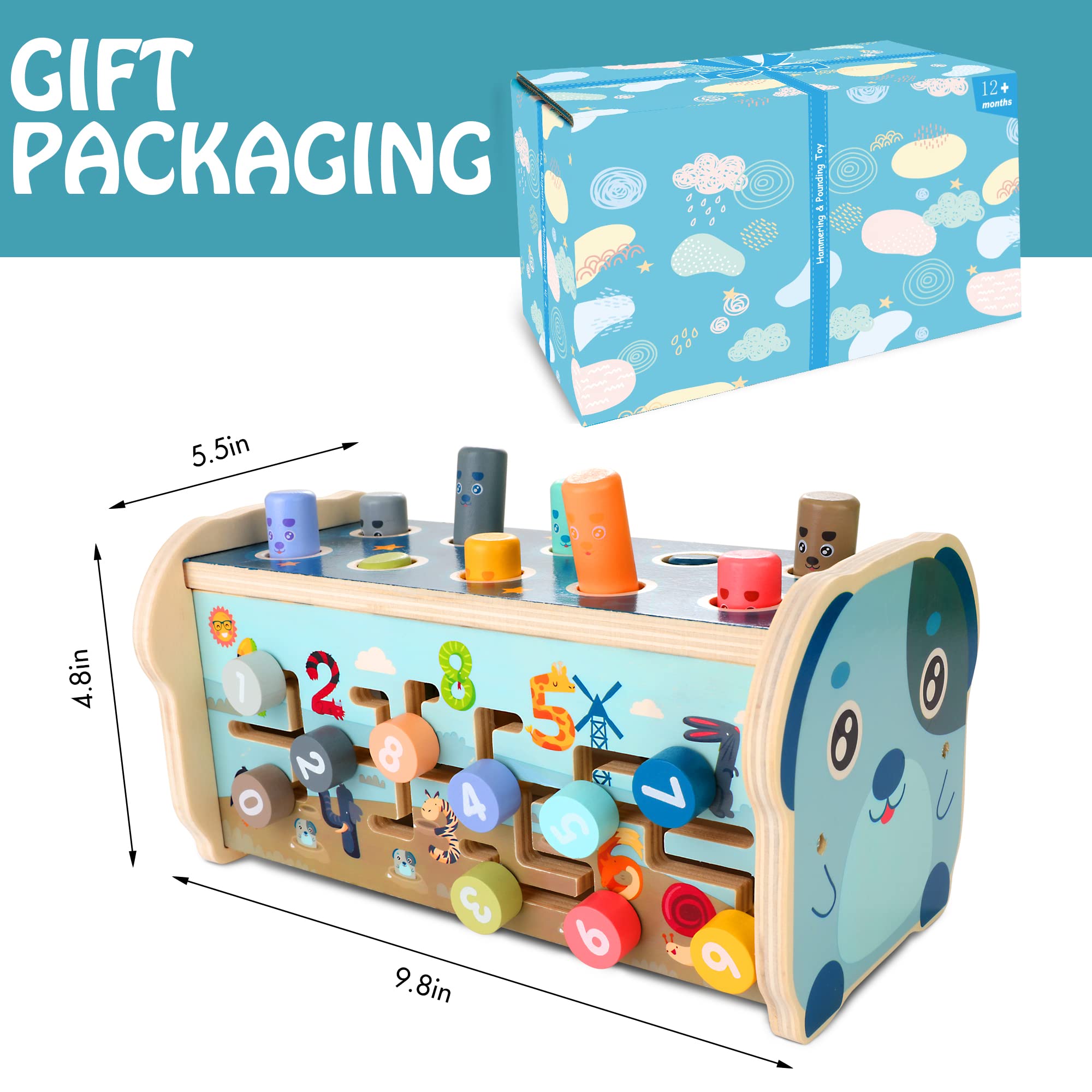 KIDWILL Montessori Pounding Toy for 1 2 Year Olds Wooden Hammering & Activity Board with Xylophone, Number Maze, Pounding Bench Educational Toddler Gift Toys Age 1-3