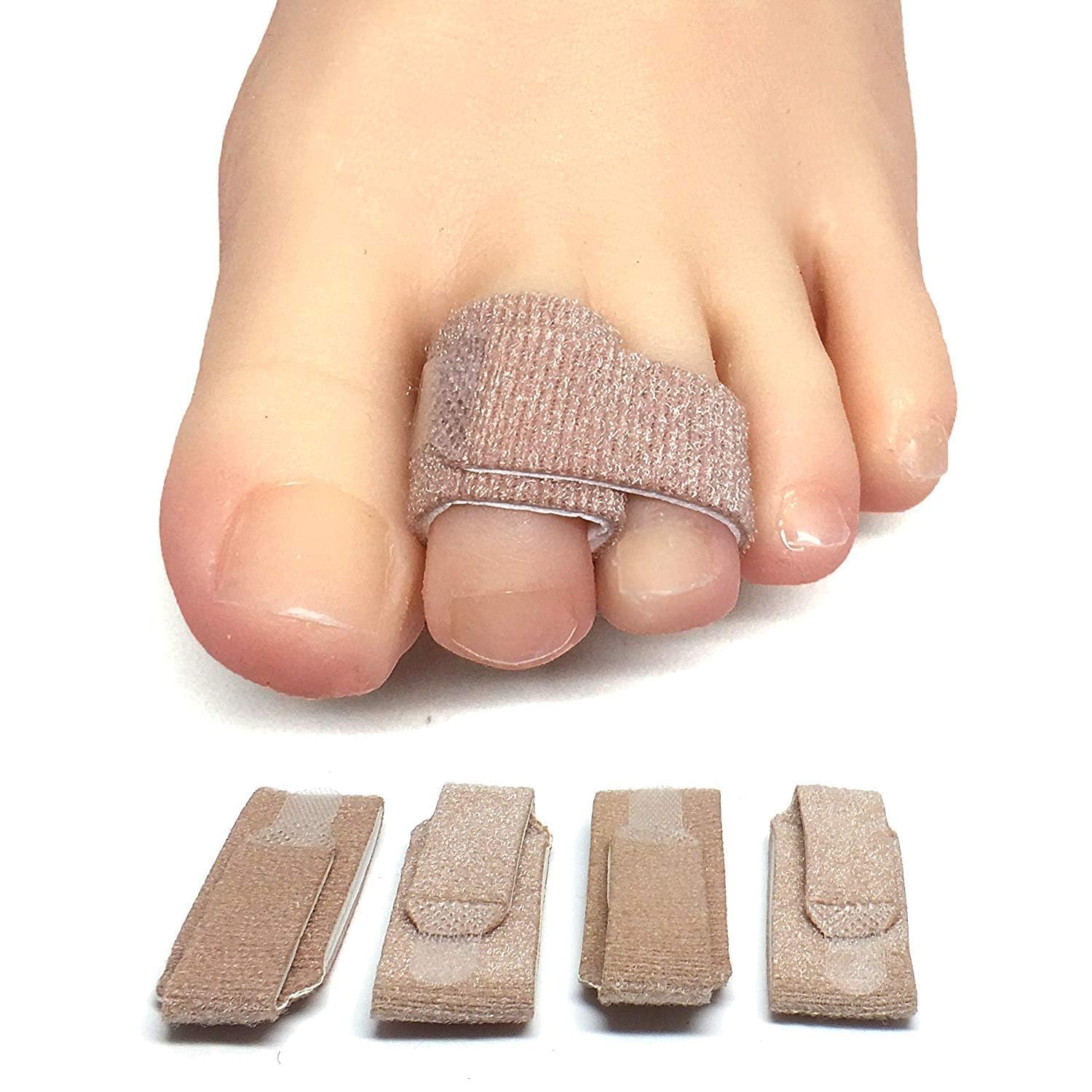 ZenToes مصحح إصبع القدم المطرقية للنساء والرجال - لفافات قماشية قابلة لإعادة الاستخدام لإصبع القدم المكسور - جبيرة أصابع مبطنة للحماية والتعافي وتقويم إصبع القدم المطرقية - 4 قطع (مقاس واحد يناسب الجميع، بيج)