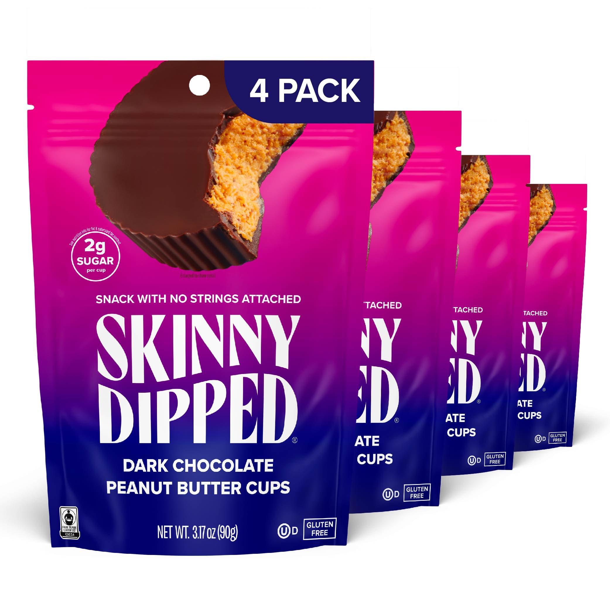 SkinnyDipped Dark Chocolate Peanut Butter Cups, 2g Sugar per Cup, Keto Friendly, Low Carb, Gluten Free, 3.2oz, 4 Pack (24 Cups Total)