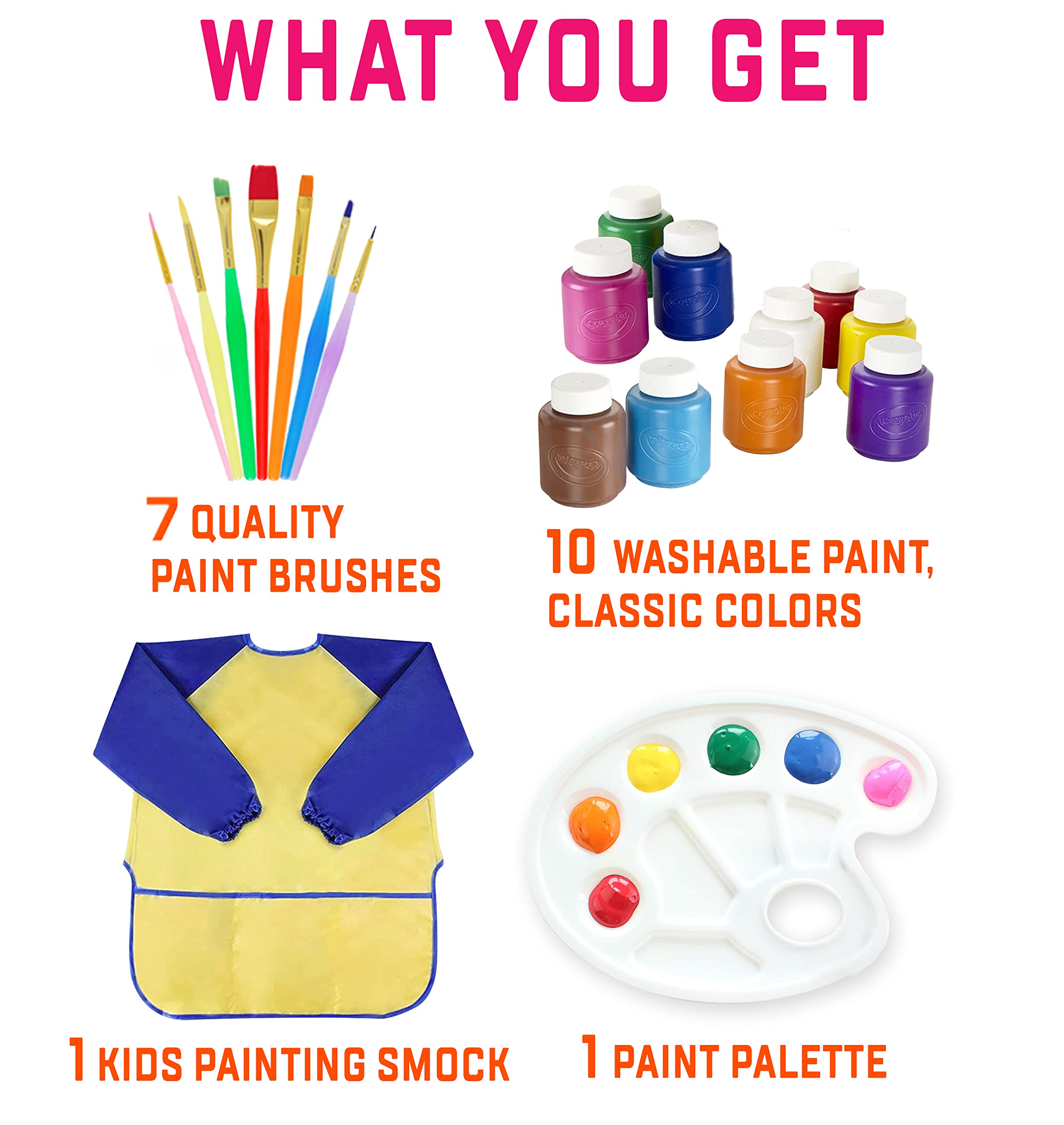 Kids Painting Set, Washable Paint for Kids 10 Colors, 7 Paintbrushes, Paint Palette, Painting Smock, Non Toxic Tempera Paints 2 oz Each,Paints for Toddlers Gifting Bundle Art, Crafts