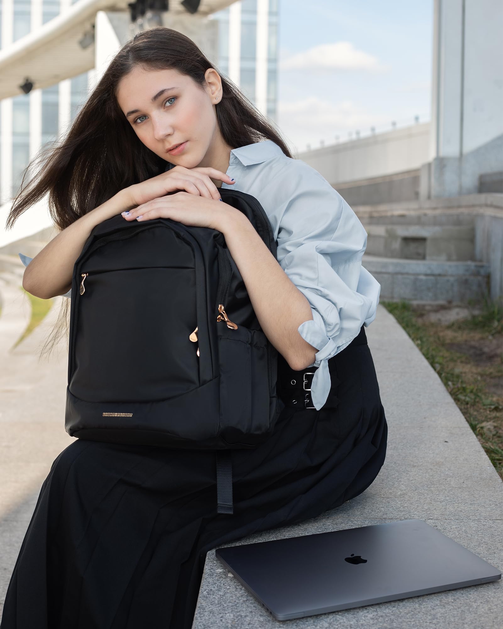 LIGHT FLIGHT Travel Backpack for Women, 15.6 Inch Laptop Backpack with USB Charging Hole, Water Resistant College Bookbag, Large Capacity Black Computer Backpacks for Work, Black