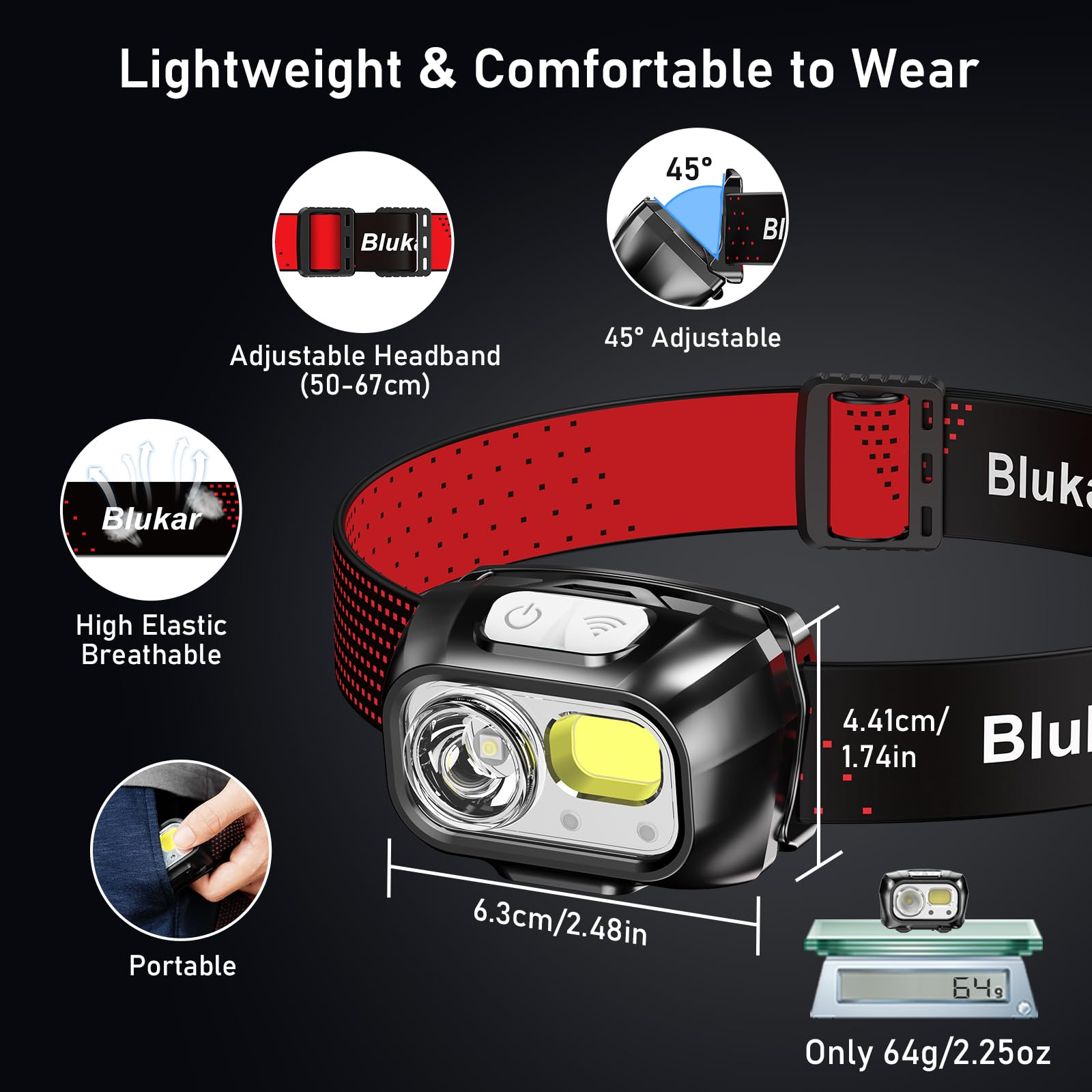 Blukar LED Headlamp Rechargeable,2000L Super Bright Headlight with Motion Sensor -Dimmable Brightness,8 Modes,Spotlight&Floodlight&Red Light Combination,IPX5 Waterproof for Hiking,Camping - 2 Pack