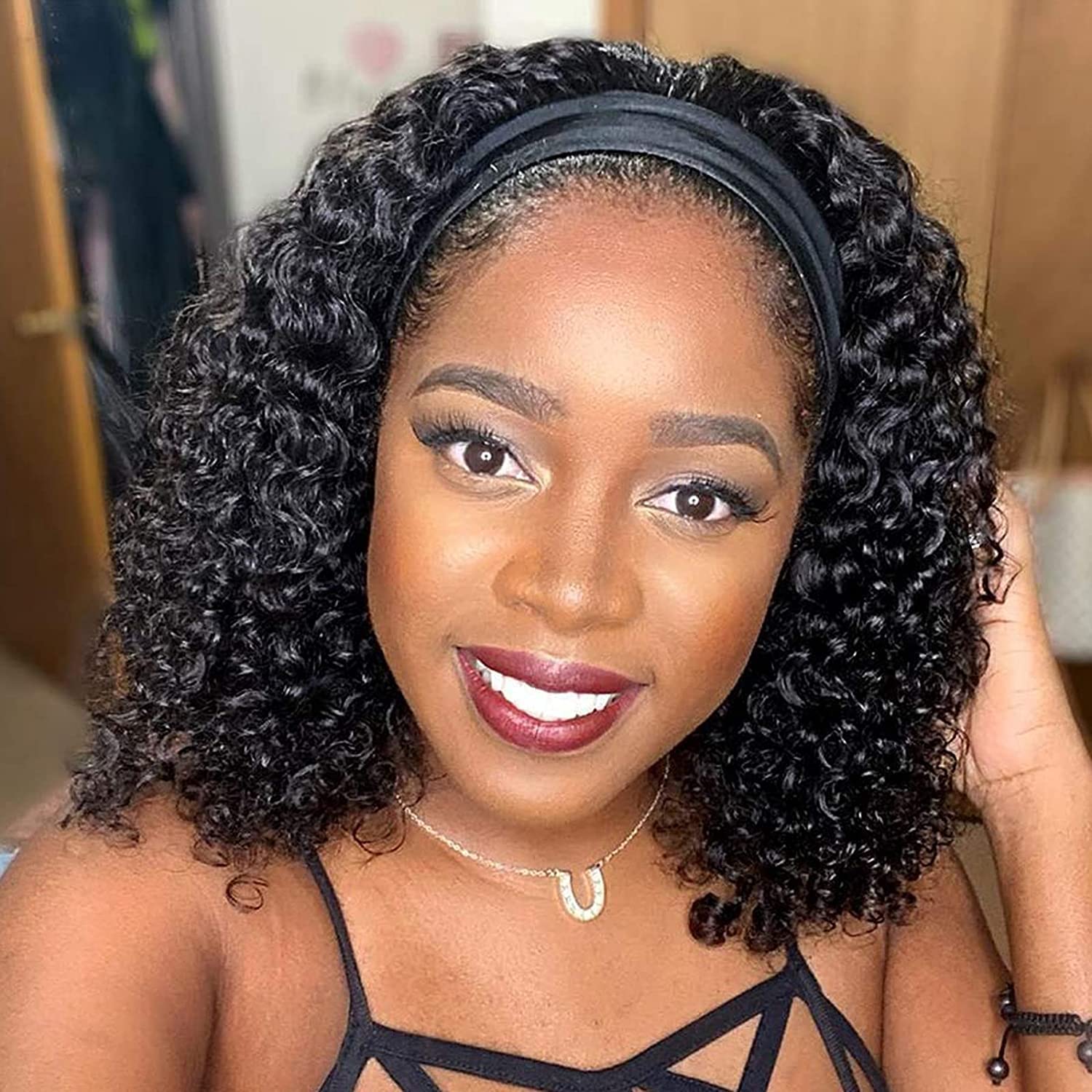 Aiterina Headband Wig Deep Wave 12 Inch Human Hair Headband Wig Curly hair Glueless Human Hair Wigs Machine Made No Lace deep Curly Headband Wigs Natural color