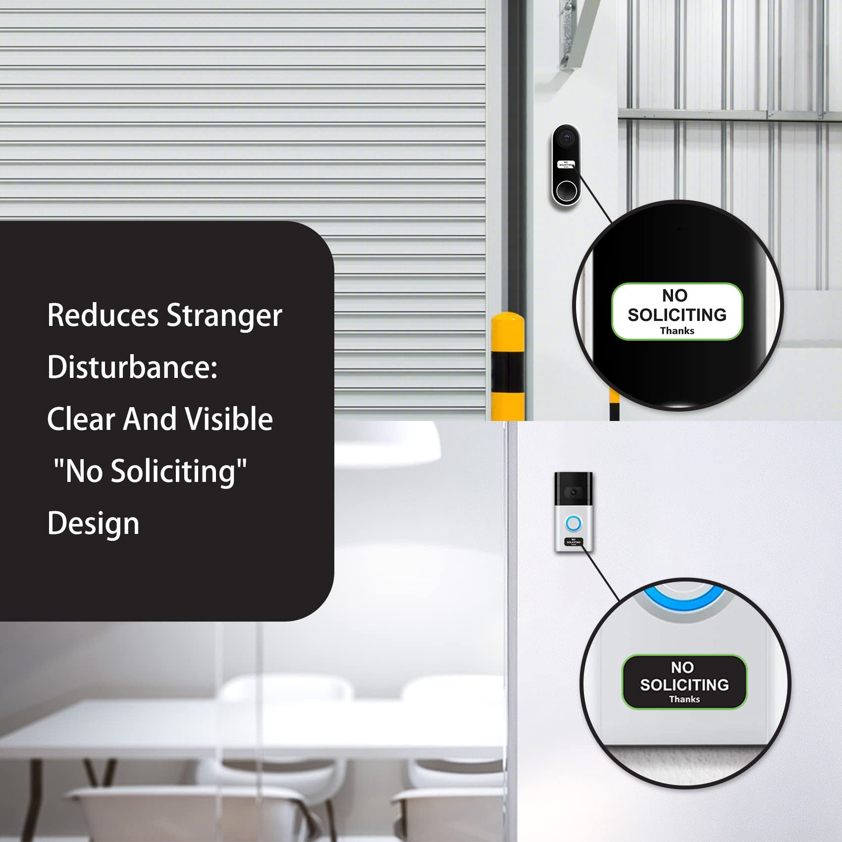 Small No Soliciting Sign for House,1x0.5 Inches Compatible with Most Doorbells,Weatherproof and Sturdy - Easy to Install (3 black and 3 white)