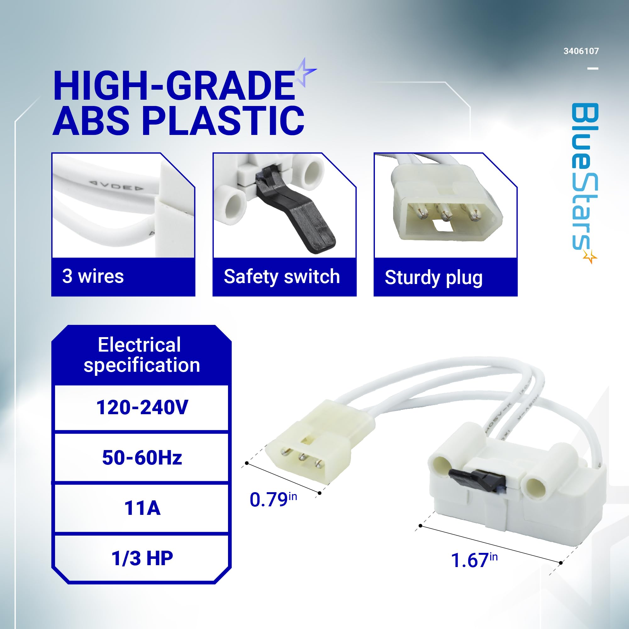 BlueStars WP3406107 3406107 Dryer Door Switch - Compatible with Whirlpool Maytag Kenmore Dryers - Replaces 3406109 3405100 3405101 3406100 3406101 AED4475TQ1 MEDC400VW0