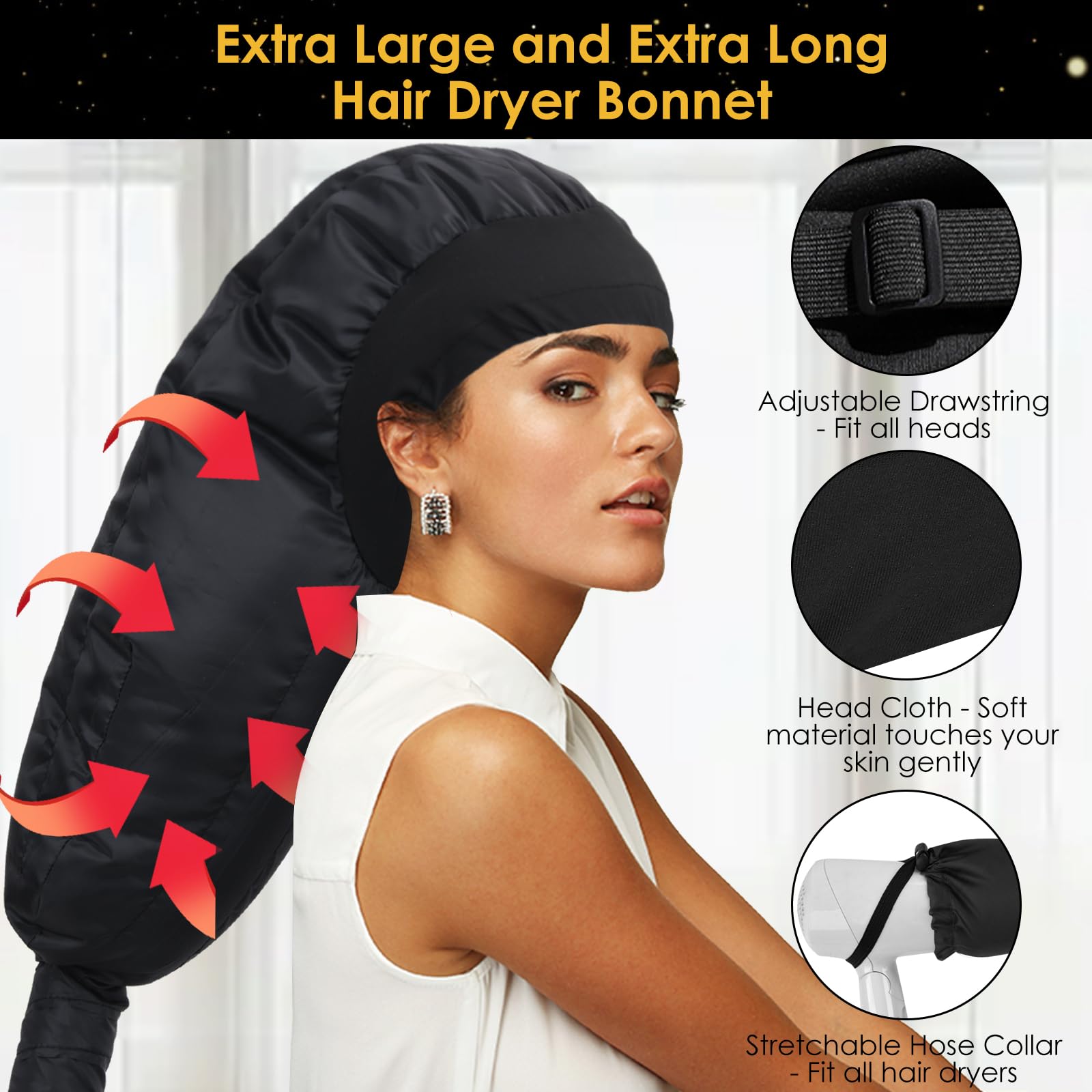TEPENAR Hair Dryer Bonnet Attachment: Upgraded Extra Large Hooded Dryer Adjustable Hair Dryer Caps - Easy to Use for Natural Curly Textured Hair Care Styling Fast Drying - Black