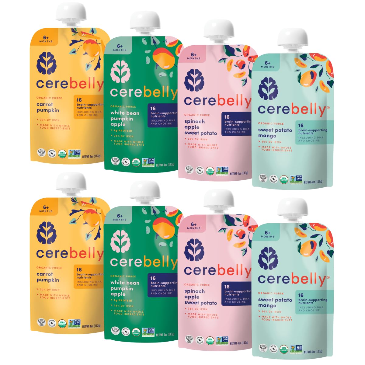 عبوات هريس طعام الأطفال العضوي المتنوع من Cerebelly - هريس الخضروات العضوي للأطفال الصغار | بدون سكر مضاف، غني بالألياف، غير معدل وراثيًا | عبوات هريس للأطفال الصغار | كيس خالٍ من مادة BPA بحجم 4 أونصات | 4 نكهات | 8 عبوات