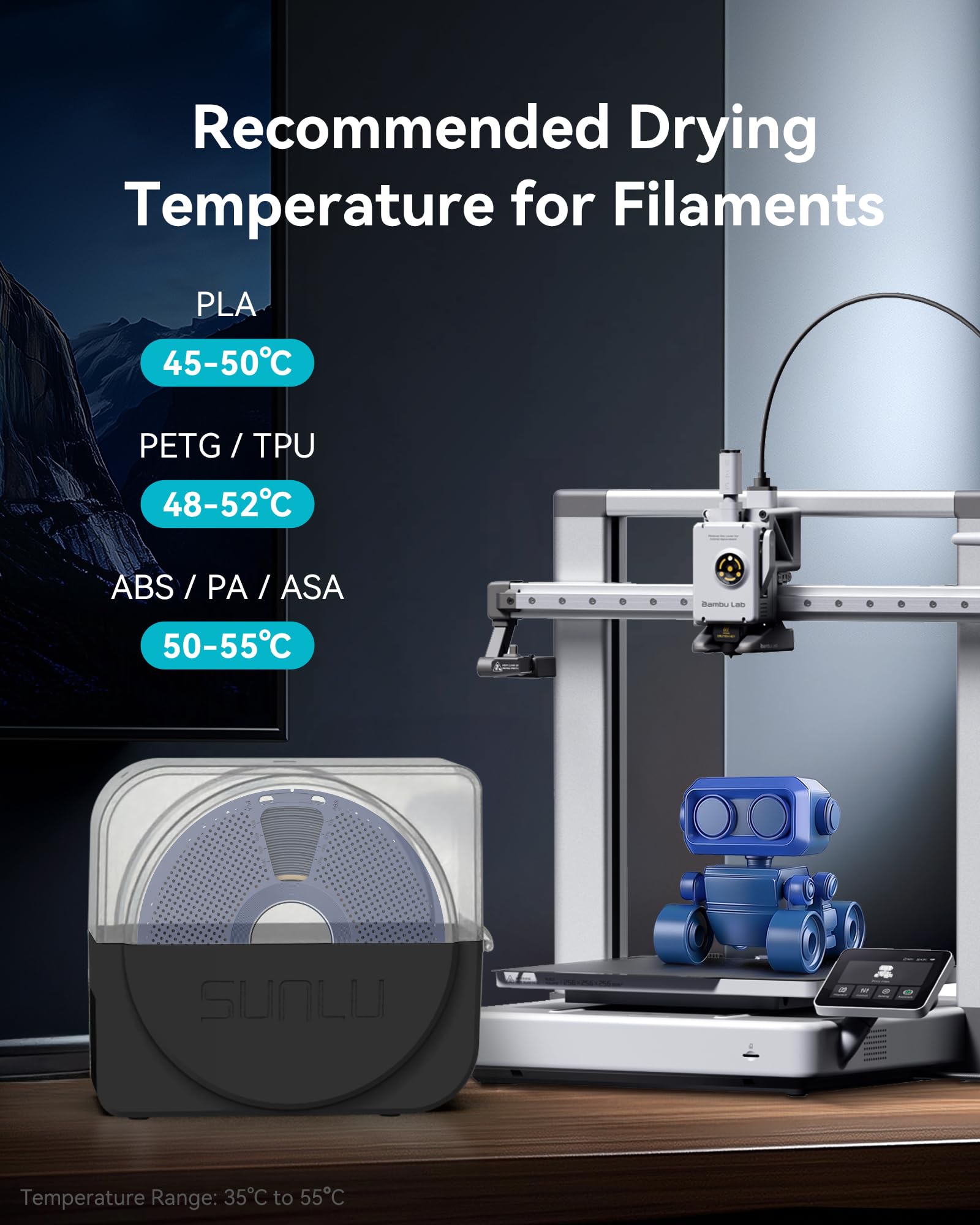 SUNLU Filament Dryer Box for 3D Printer Filament, S1 Plus Filament Dehydrator with Fan Design, Filament Storage can Keep 1.75 2.85 3.00mm PLA PETG ABS Filament Dry During 3D Printing (Black)