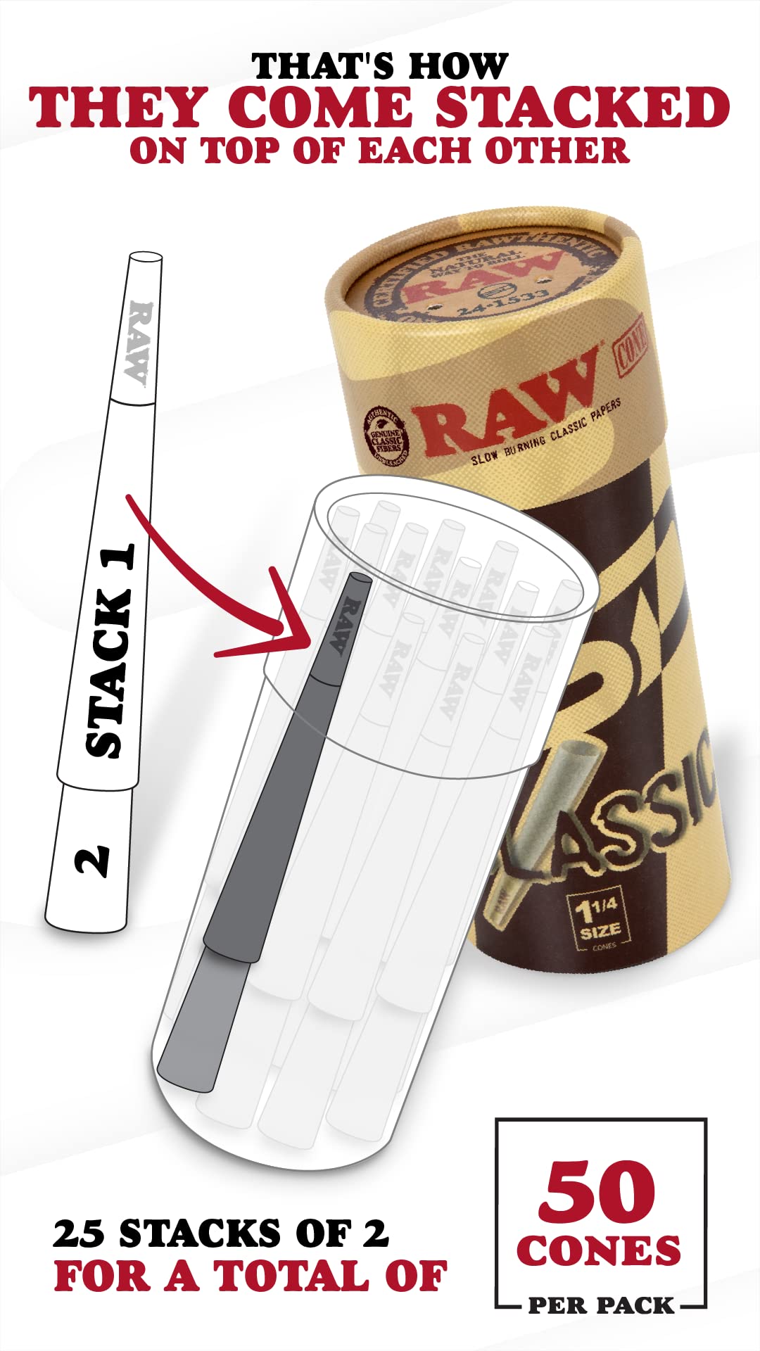 RAW Cones Classic 1-1/4 Size - 50 Pack - Slow Burning Pre Rolled Cones made of Paper with Tips & Packing Tubes Included