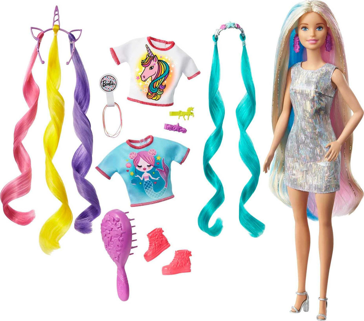 Barbie Fantasy-Haar-Puppe & Zubehör, langes, farbenfrohes blondes Haar mit Meerjungfrauen- & Einhorn-inspirierten Kleidern