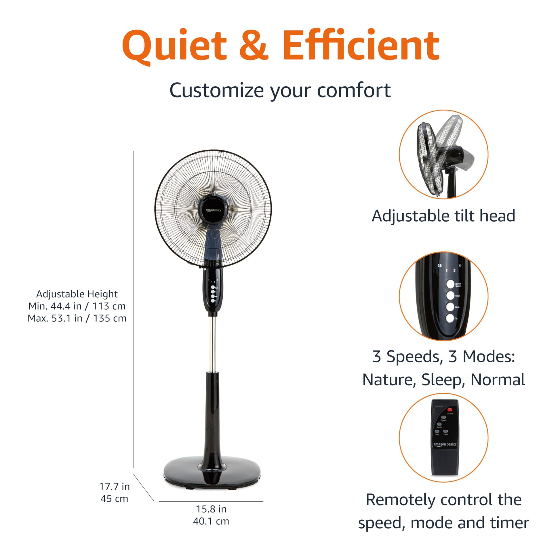 Amazon Basics 16" Pedestal Fan with Remote, Floor Fan, Standing Fan for Bedroom, Living Room, Office, with 3 Speeds, 3 Modes, Timer, Dual-Layered Blades, Adjustable Height, Tilt Head, 60W, Black