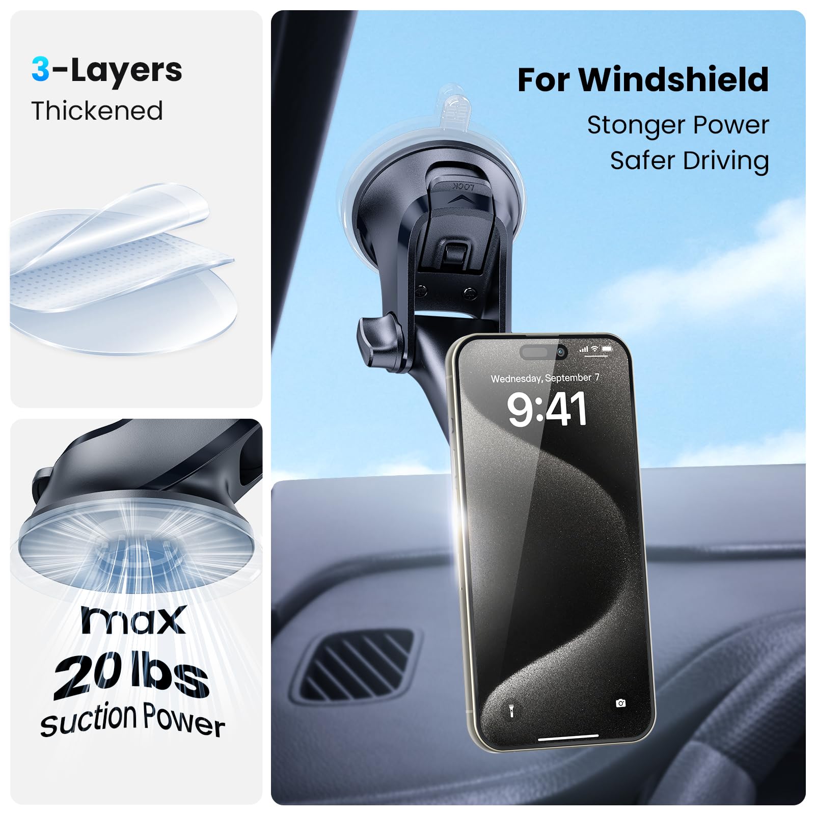 APPS2Car Magnetic Phone Mount for Car – Industrial Suction Cup Dashboard & Windshield Holder with Telescopic Arm, 6 Strong Magnets – Universal Fit for iPhone & Android (Metal Plate Required)