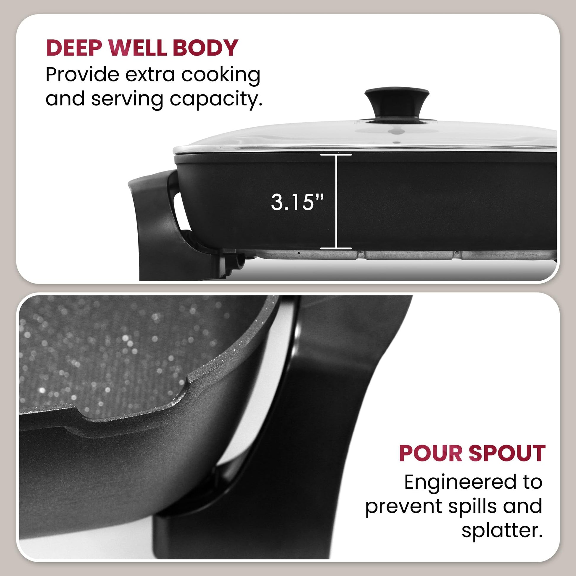 Elite Gourmet EG-6203# Extra Deep 16"x13"x3.2" (10.5Qt.) Scratch Resistant, Easy Pour Spout Dishwasher Safe, Non-stick Electric Skillet with Glass Vented Lid, Adjustable Temperature, Black