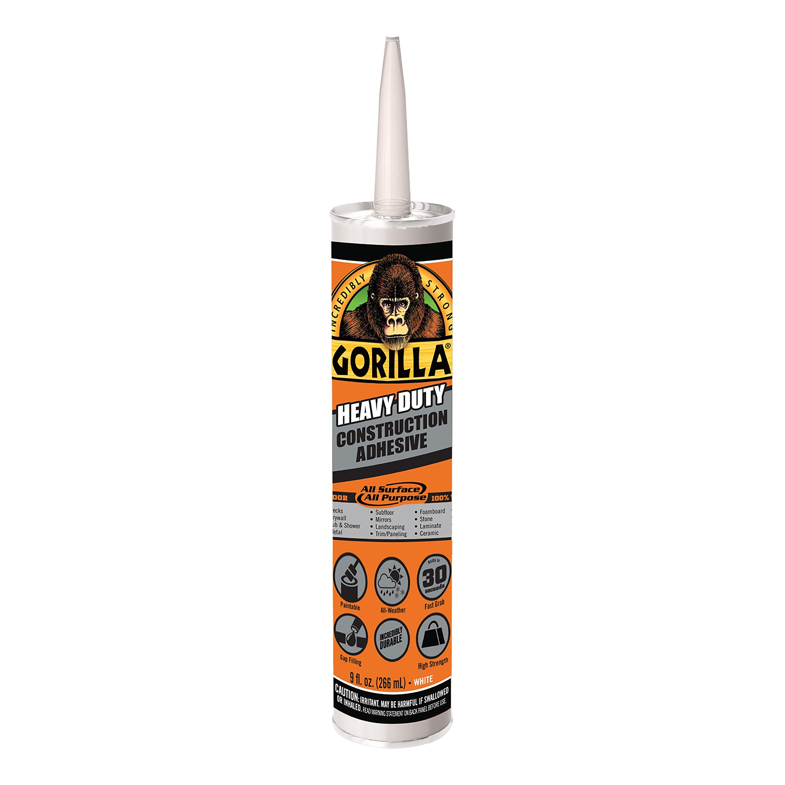غراء Gorilla لاصق قوي للاستخدامات الإنشائية، غراء أبيض، خرطوشة 9 أونصة (عبوة من 1) - لملء الفجوات ومقاوم للماء