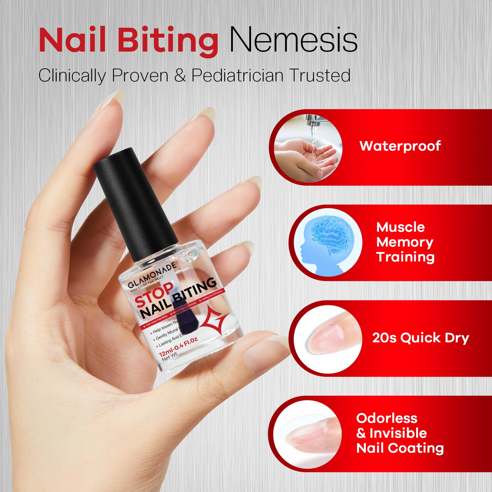 Glamonade Nail Biting Prevention For kids: No Bite Nail Polish Nail Biting Treatment Safe Bitter Nail Polish For Nail Biters Kids Stop Biting For Adults Lasting Quick Dry Easy Application 0.41oz