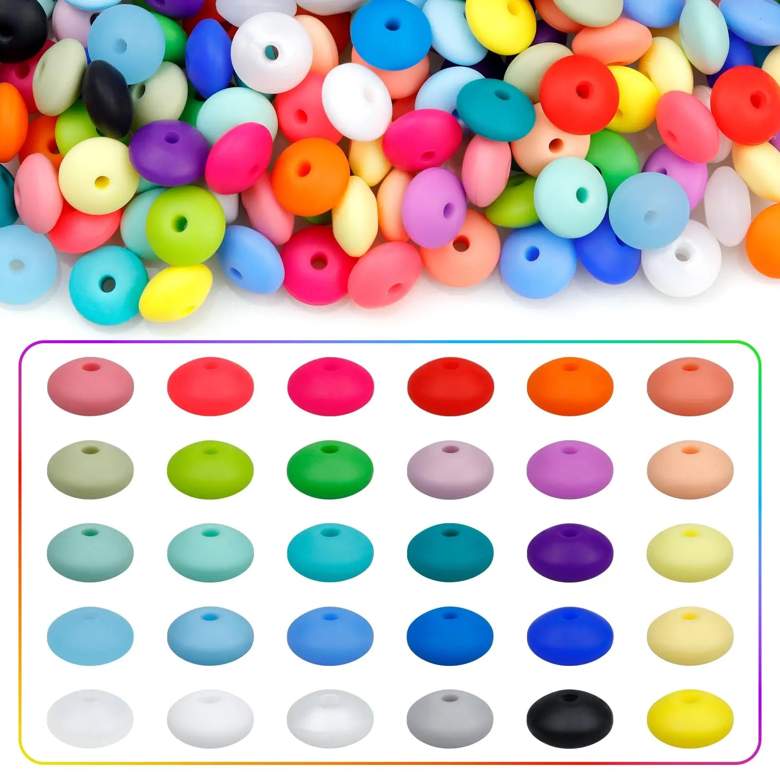 180PCS FIVEIZERO Silicone Lentil Beads,12mm 30 Colors Silicone Abacus Beads Bulk Loose Spacer Jewelry Beads Colorful DIY Lanyard Beads for Making Necklace Keychain Accessories