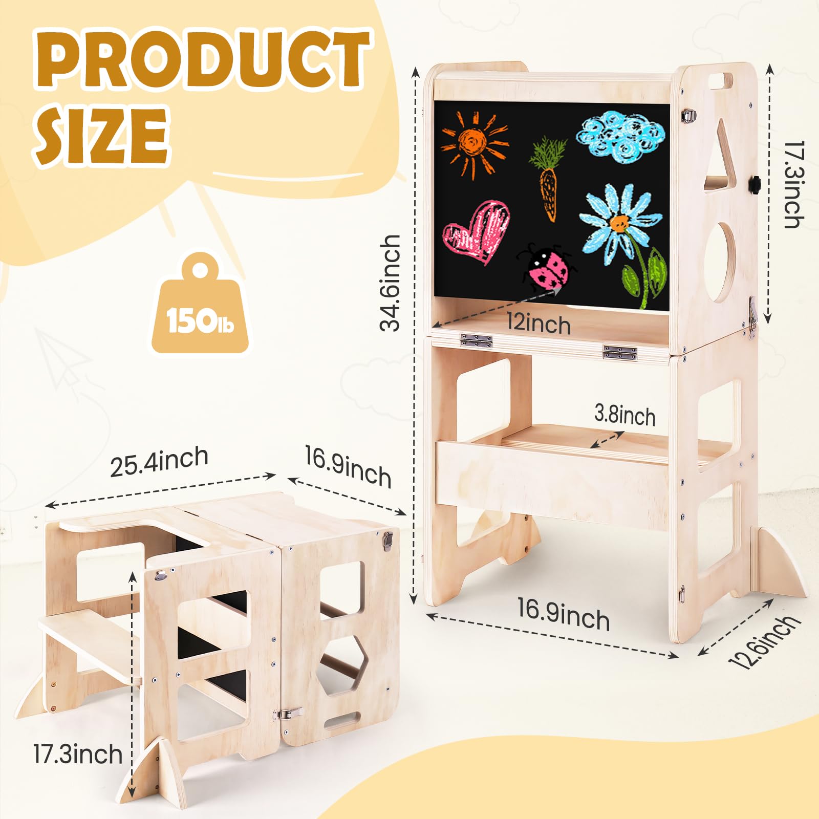 Woodure 4-in-1 Toddler Kitchen Step Stool, Foldable Learning Standing Tower with Blackboard, Wooden Kitchen Stool Helper for Kids, 1-3 Year Old Boy Girl Gifts