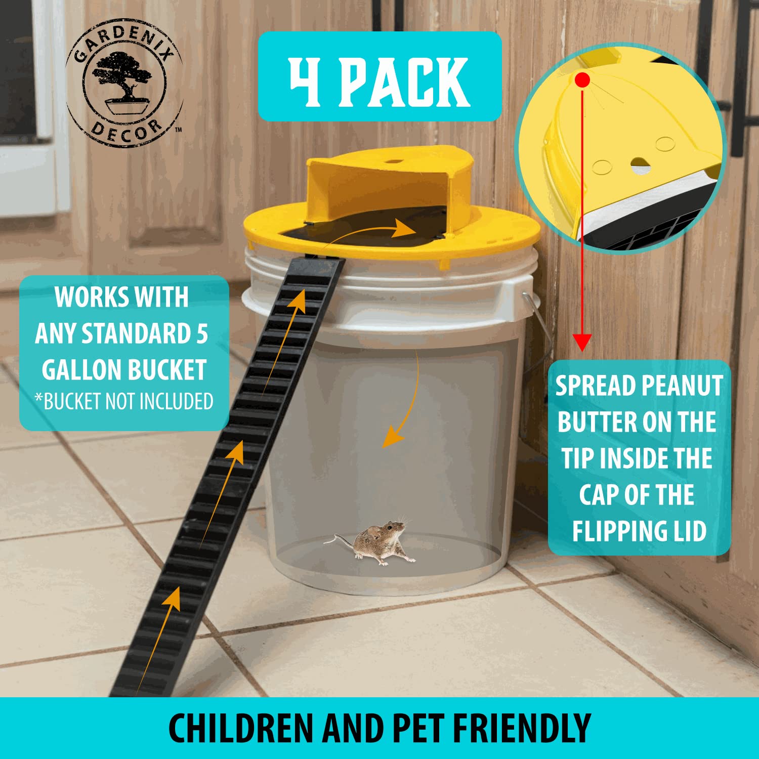 Mouse Trap Bucket- 5 Gallon Bucket Lid Mouse Rat Trap 4 Pack - Automatic Reset Flip and Slide Mouse Trap - Humane Mouse Rat Traps for Indoor Outdoor Use - Reusable Mouse Trap