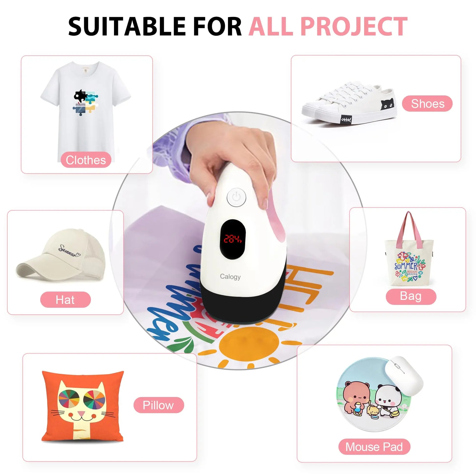 Calogy Mini Heat Press, Heat Transfer Machine, Constant Temp Control, Insulated Safety Base, Fits for Crafts, T-Shirt, Hat, Cap, Pillows(White Pink)