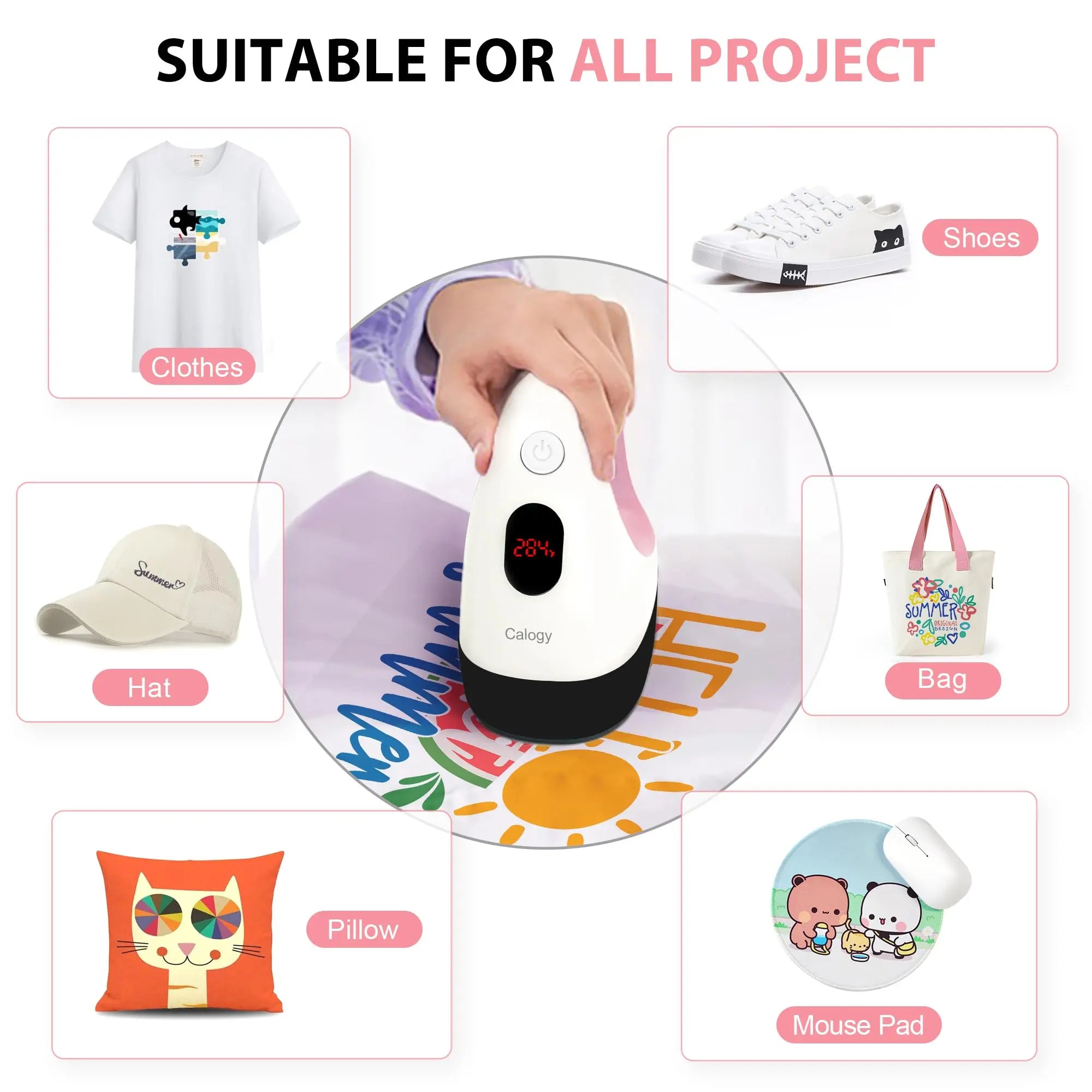 Calogy Mini Heat Press, Heat Transfer Machine, Constant Temp Control, Insulated Safety Base, Fits for Crafts, T-Shirt, Hat, Cap, Pillows(White Pink)