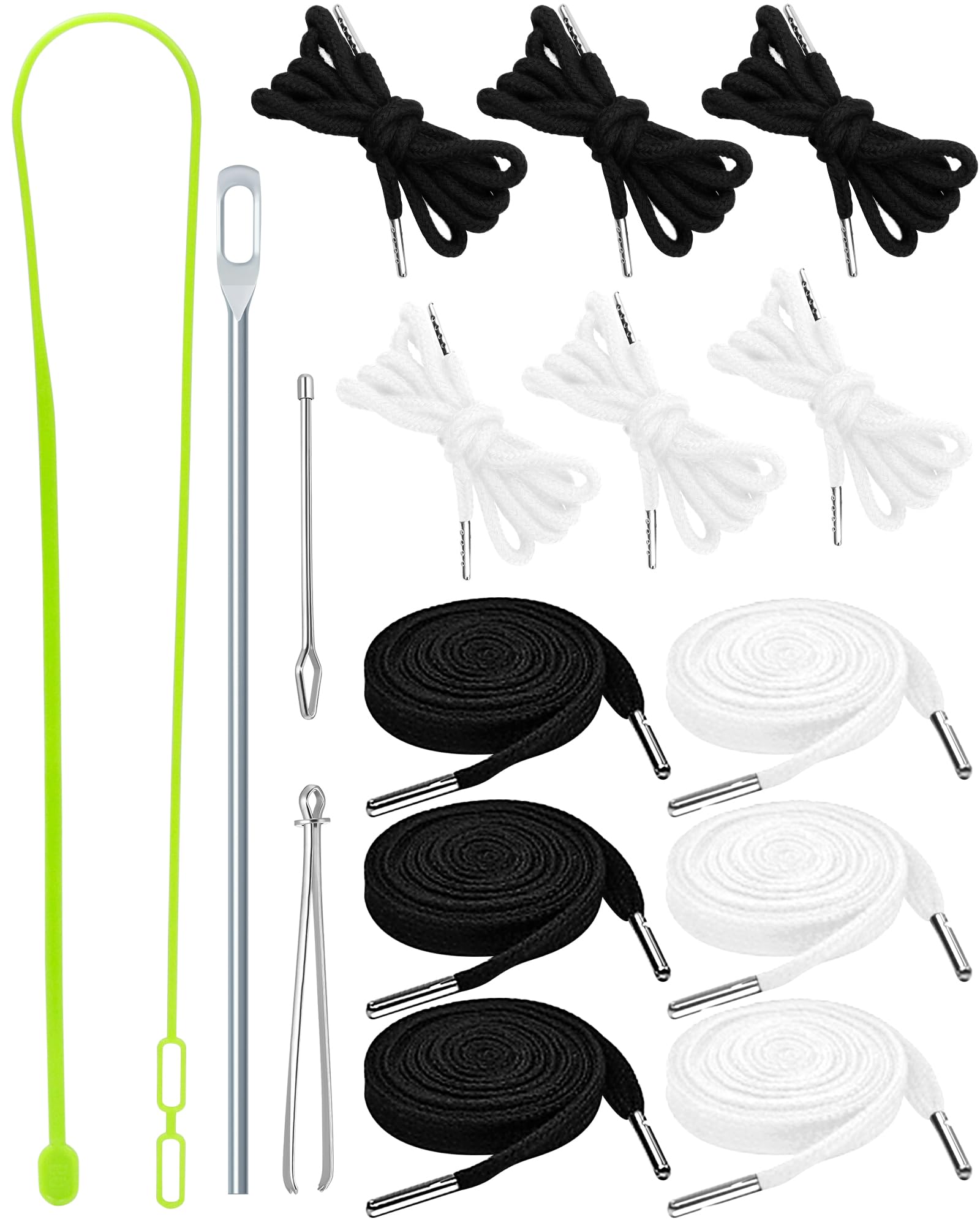 FIVEIZERO 16pcs Drawstring Cord Kit-12pcs Hoodie Strings (Flat & Round,Black & White) with Drawstring Threader Tools,Bodkin,Rope Threader-Draw String Replacement for Pants,Shorts,Shoes,Sweatpants,Bag