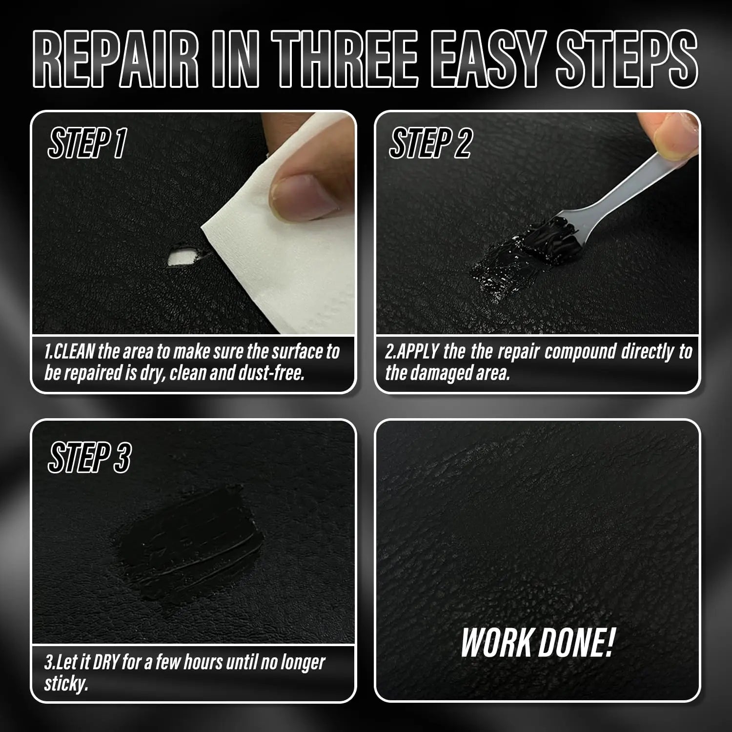 Black Leather Repair Kit, Vinyl Repair Kit for Car Seats, Couch, Boat, Sofa & Purse, Fix Scratch & Rip on Artificial, Faux, Genuine Leather, with Color Matching Guide & Super Easy Instructions