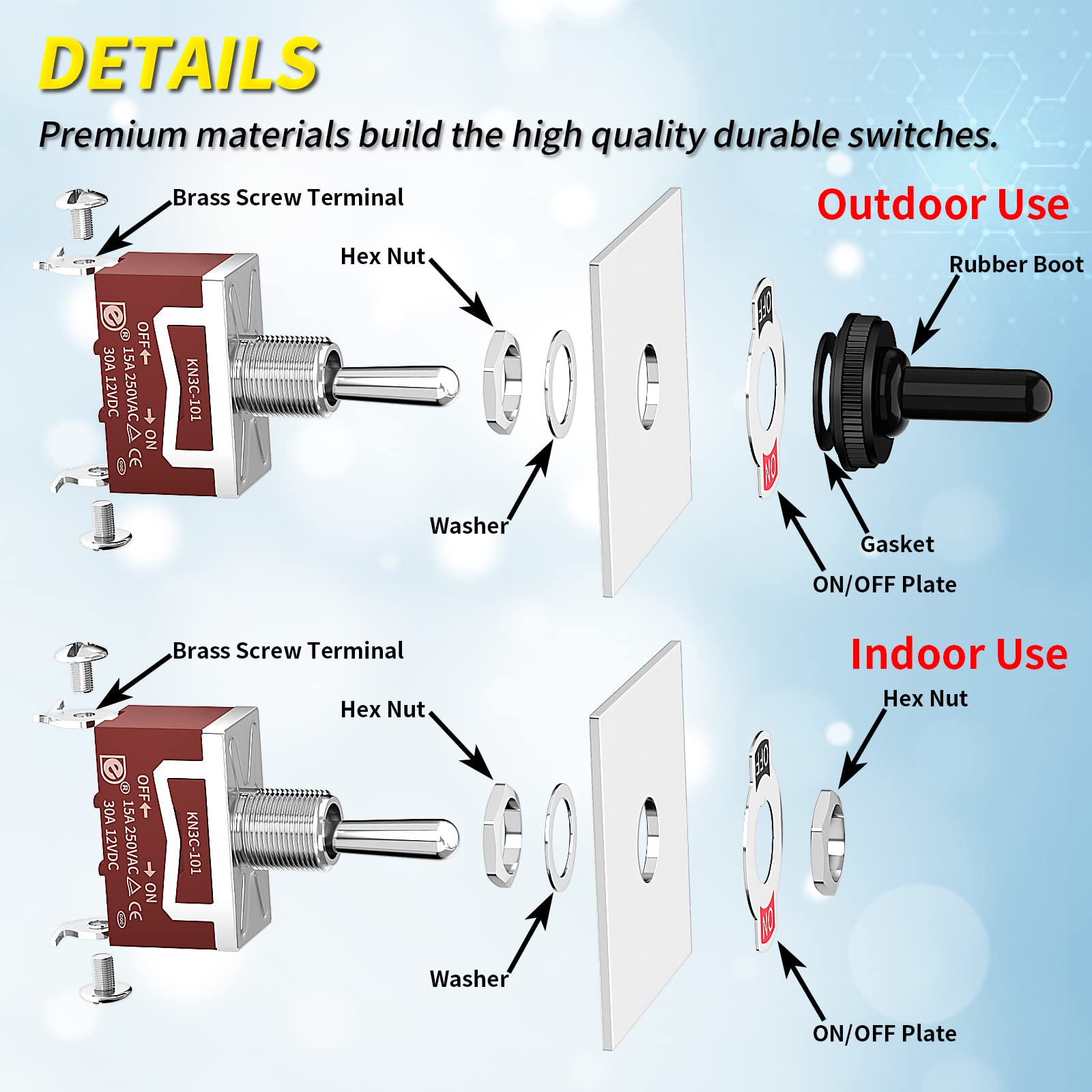 Joinfworld Marine Toggle Switch 12V DC 30A Waterproof Toggle Switch 250V AC 15A Heavy Duty with Weatherproof Boot Cover SPST ON/Off 2 Pin for Auto Car Truck Boat -4Pcs