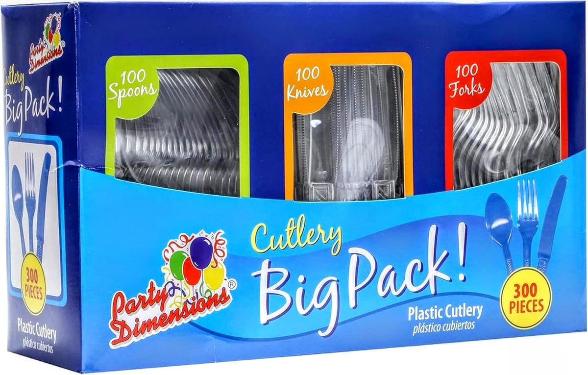 Party Dimensions Besteck-Set, 300-teilig, Einwegbesteck, durchsichtiges Plastikbesteck, 100 Gabeln, 100 Löffel, 100 Messer