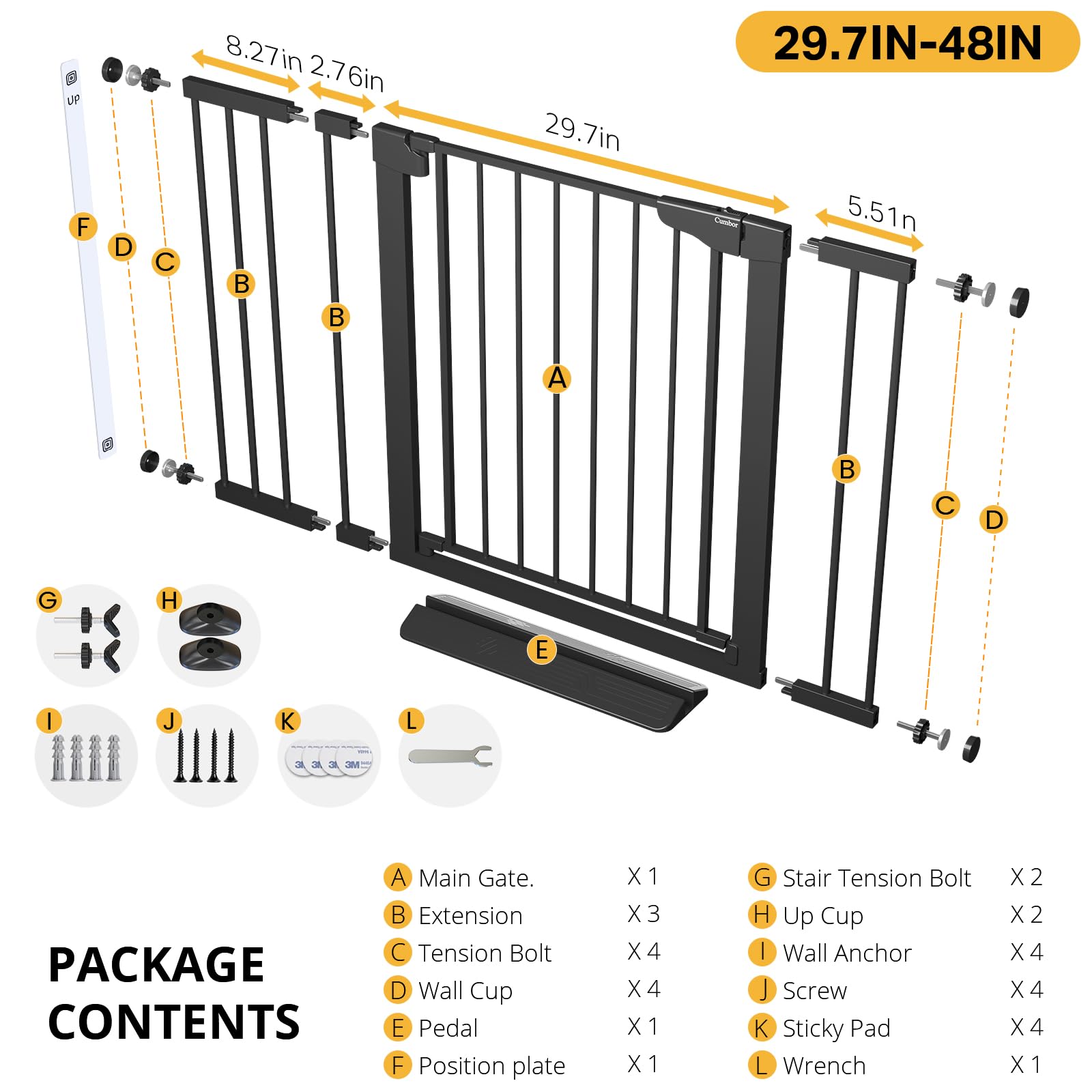 Cumbor 29.7-48" Baby Gate for Stairs, Mom's Choice Awards Winner-Dog Gate for Doorways, Auto Close Safety Pet Gate for Dogs Indoor, Easy Install Pressure Mounted Child Gate with Walk Thru Door, Black
