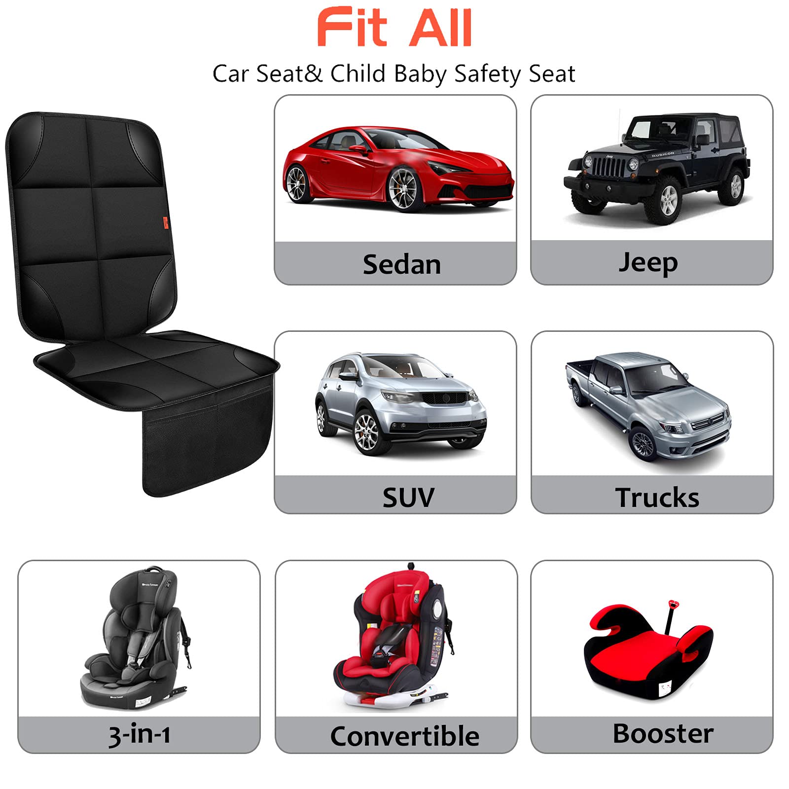 XHYANG Car Seat Protector 1 Pack Car Seat Cushion Mat Thickest Padding,Waterproof 600D Fabric Car Seat Covers for Non-Slip Backing Mesh Pockets for Baby and Pet (Black, 1 Pack)