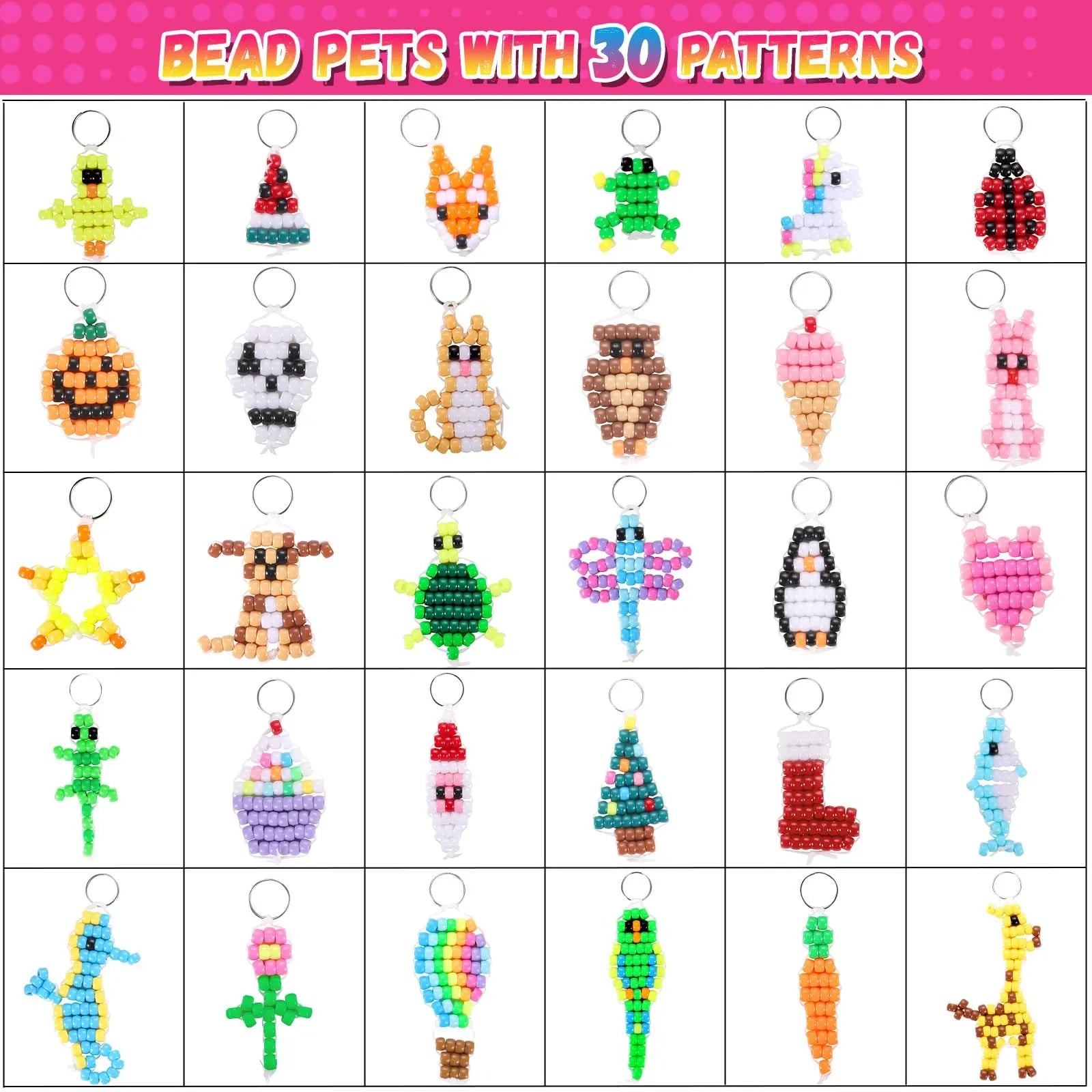 Funtopia Beads for Crafts, Pony Beads Keychain Making Kit, Bead Pets Art Crafts for Kids Beginners, Birthday Party DIY Craft for Girls Boys (1500 Beads, 30 Designs)
