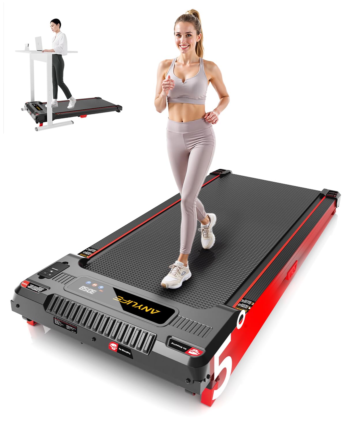 Walking Pad Treadmill, Anylife Incline Walking Pads Under Desk 330lb Capacity, 2.5HP Portable Treadmills for Home, Compact Treadmill Small Running Pad with LED Display, Remote Control, Black Red
